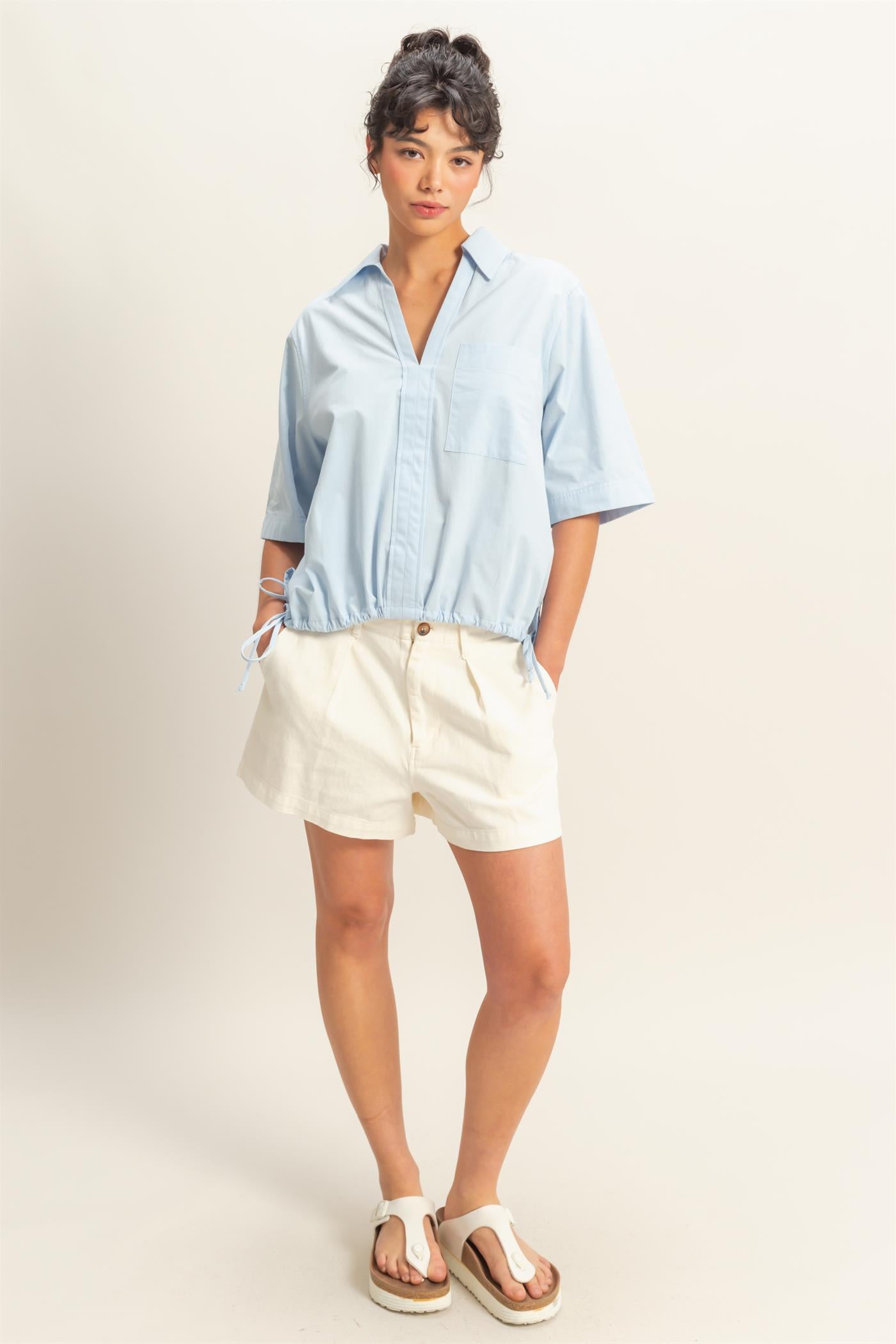 Wholesale Bubble Hem Relaxed Fit Shirt Polos DZ25E081 ICE BLUE DOUBLE ZERO