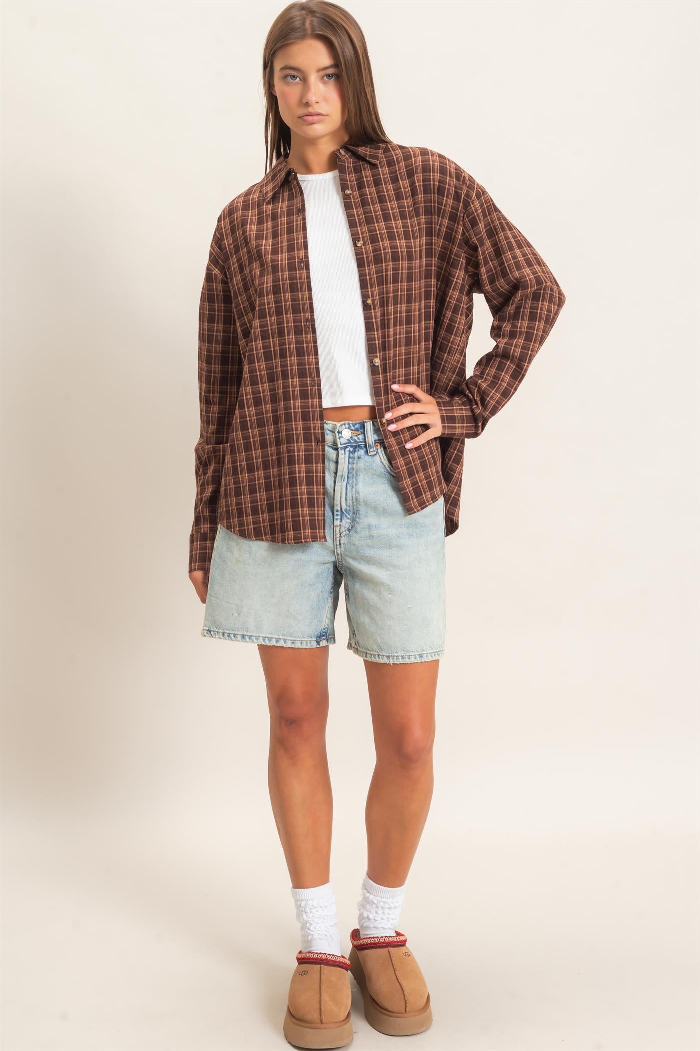 Wholesale Plaid Oversized Shirt Shirts DZ26F062 BROWN DOUBLE ZERO