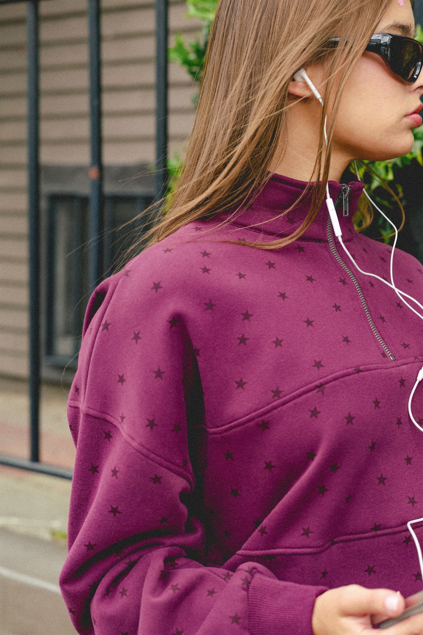 Wholesale Star Print Half Zip Sweatshirt Sweatshirts DZ26E245 DARK CHERRY DOUBLE ZERO