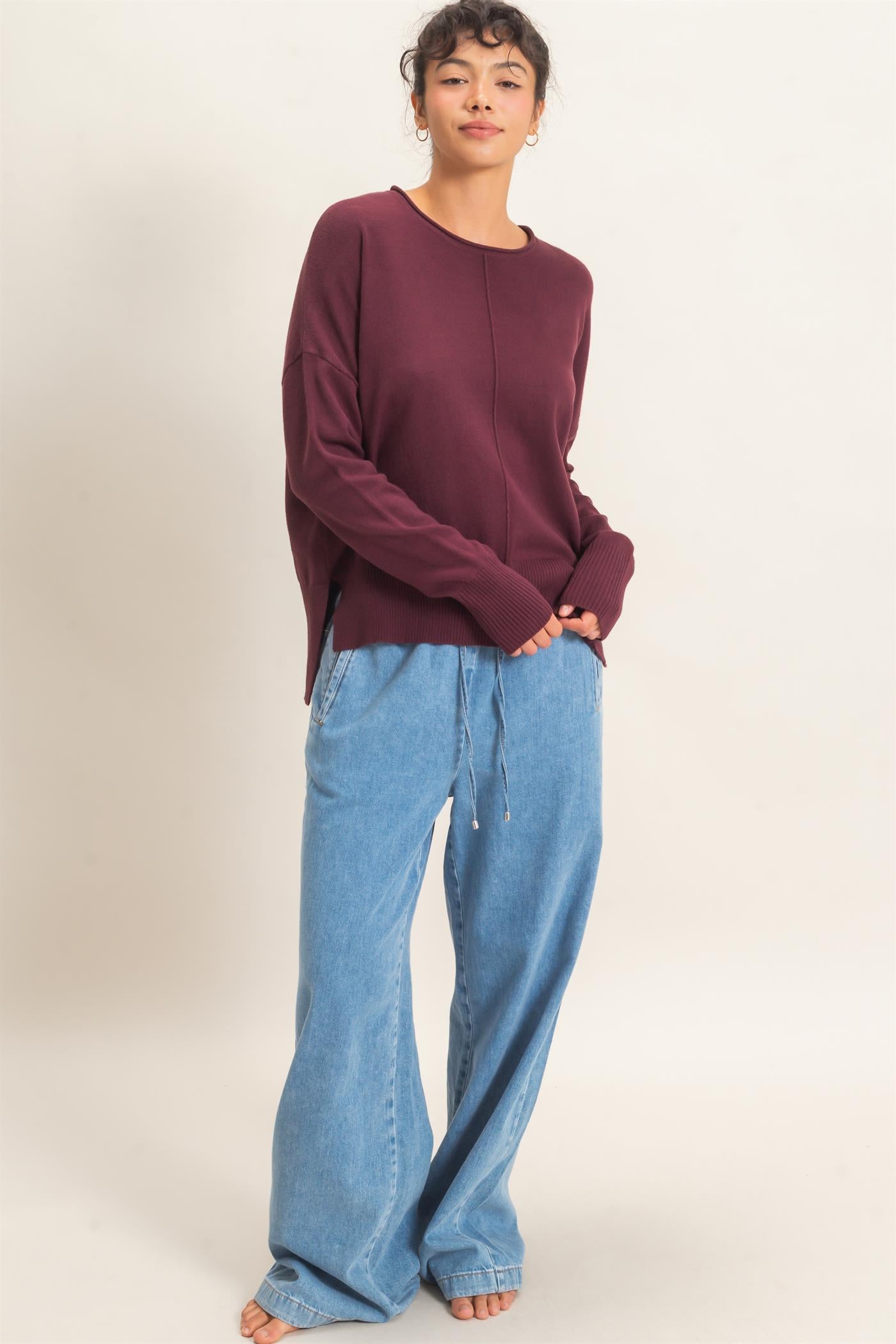 Wholesale Roll Neck Seam Detail Sweater Sweaters DZ26C975 DARK CHERRY DOUBLE ZERO