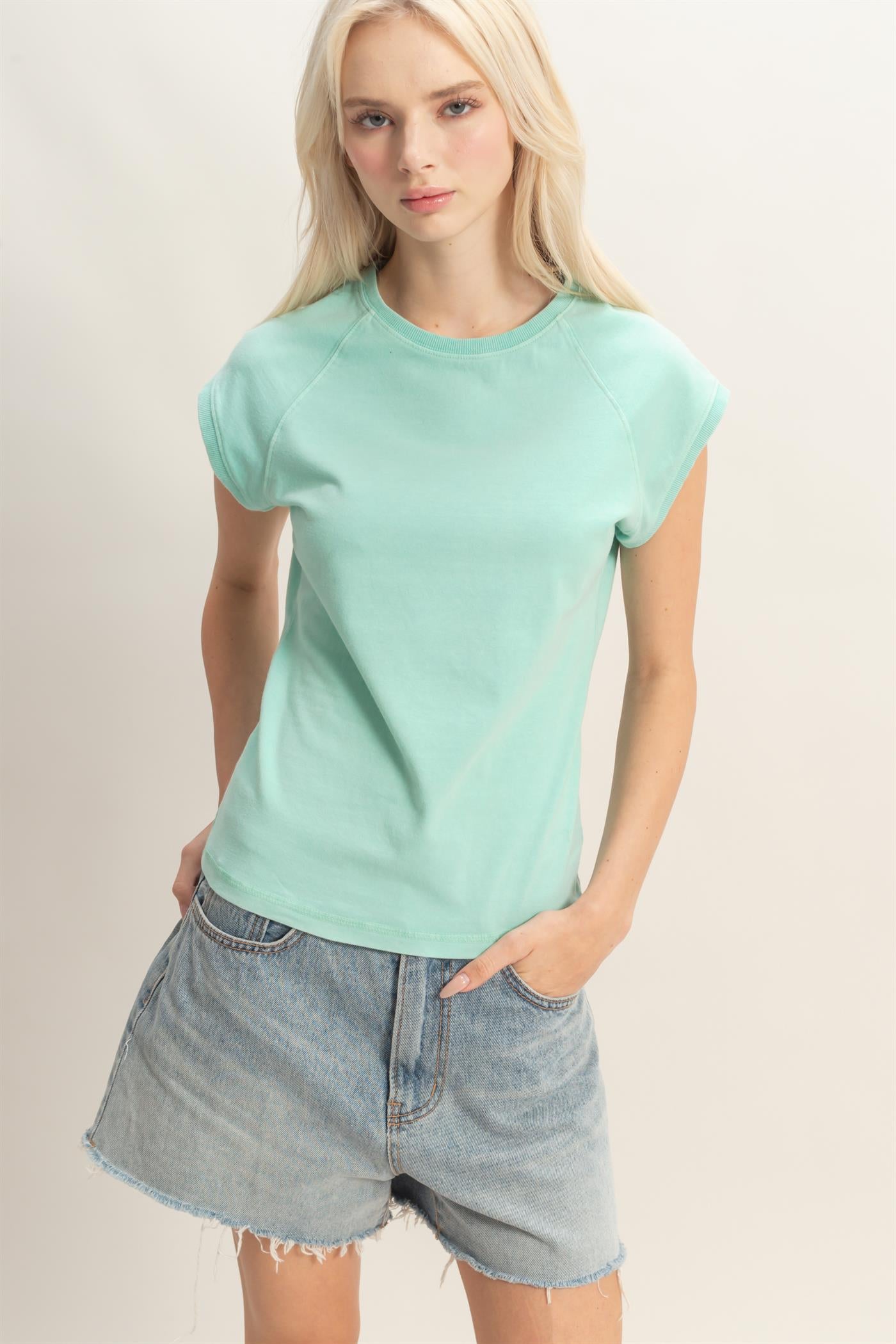 Wholesale Mineral Wash Raglan Short Sleeve Top T-Shirts DZ26A741 TURQUOISE DOUBLE ZERO