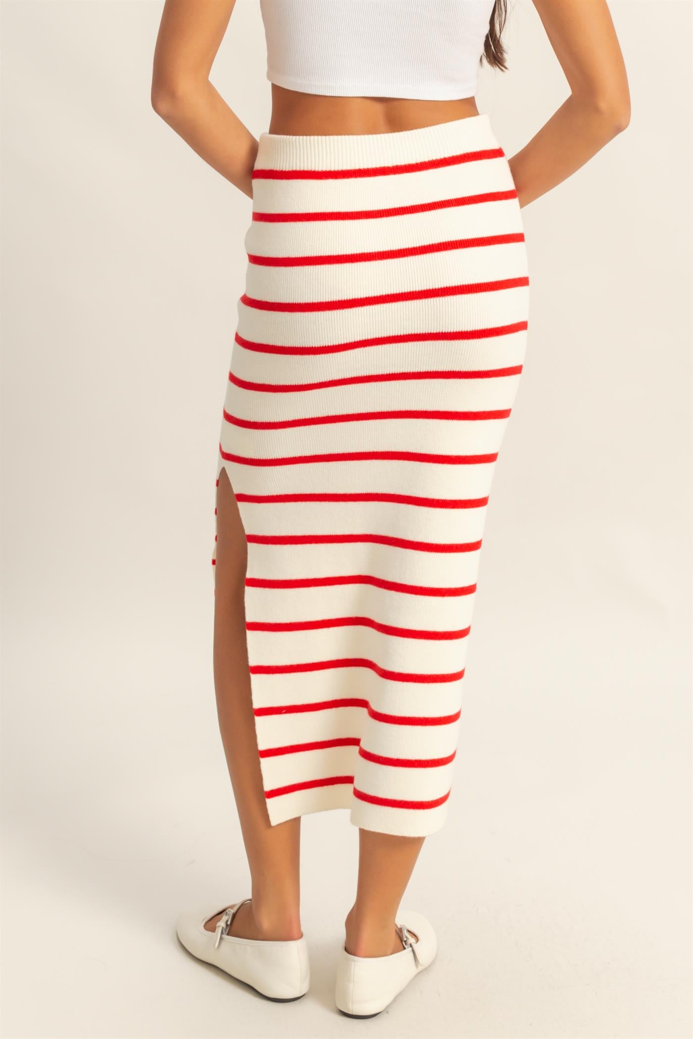 Wholesale Striped High Waist Bodycon Sweater Skirt Skirts DZ25A637 RED/CREAM DOUBLE ZERO