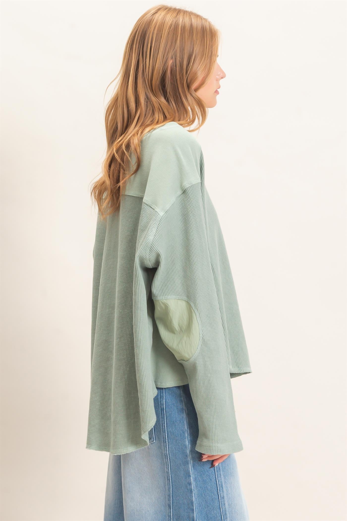 Wholesale Waffle Knit Crew Neck Top Clothing Tops HF26E078 SAGE HYFVE
