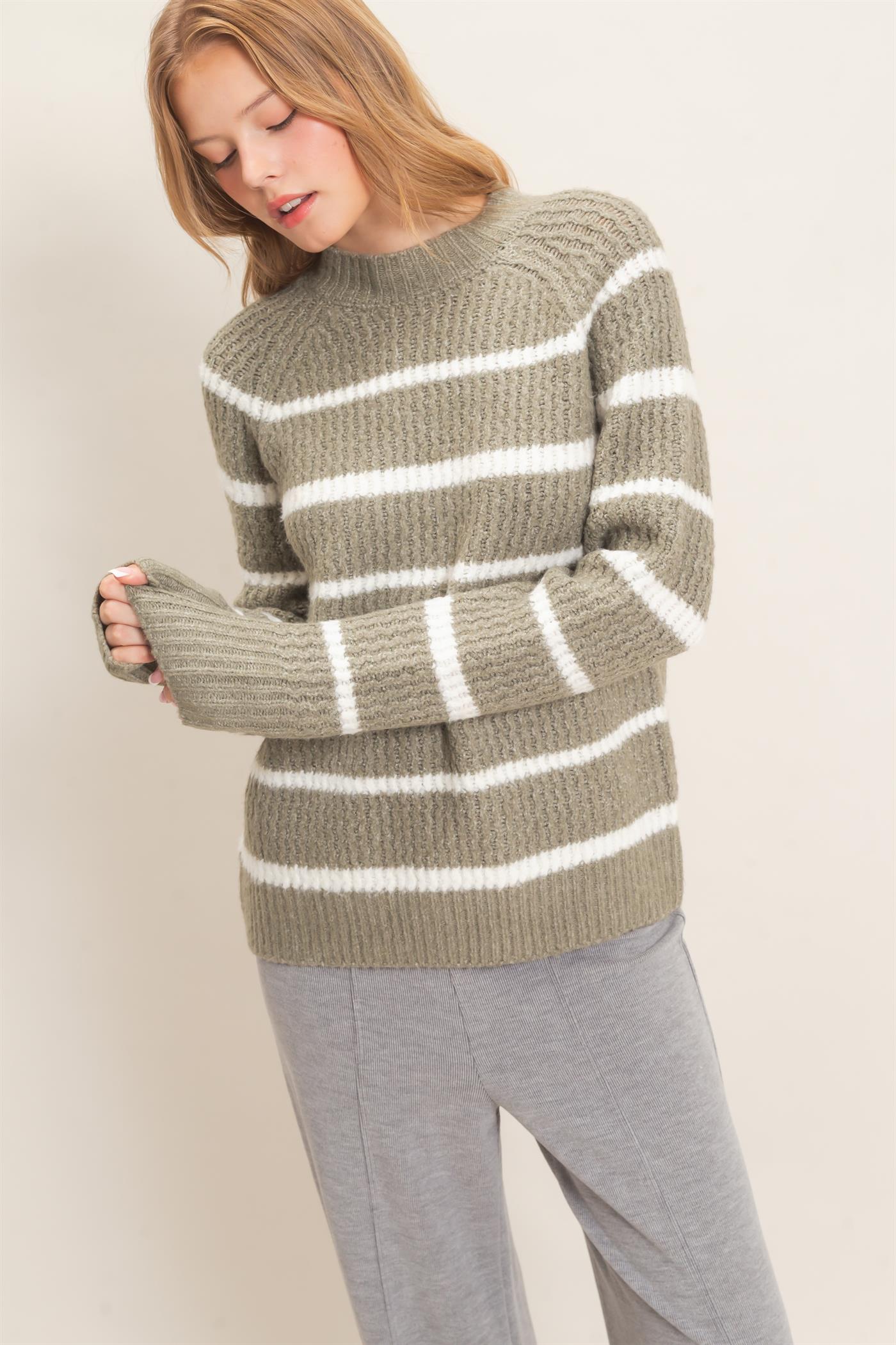Wholesale Textured Striped Mock Neck Sweater Sweaters HF26E765 OLIVE HYFVE