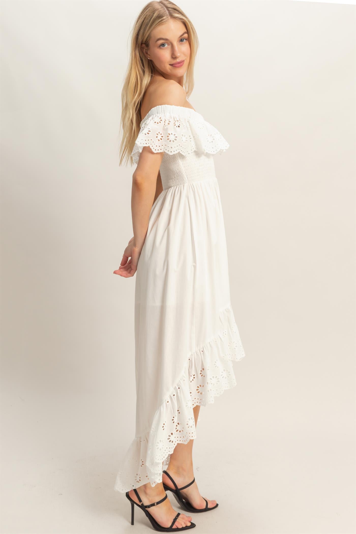 Wholesale Off Shoulder Smocked Dress Dresses HF26C305 WHITE HYFVE