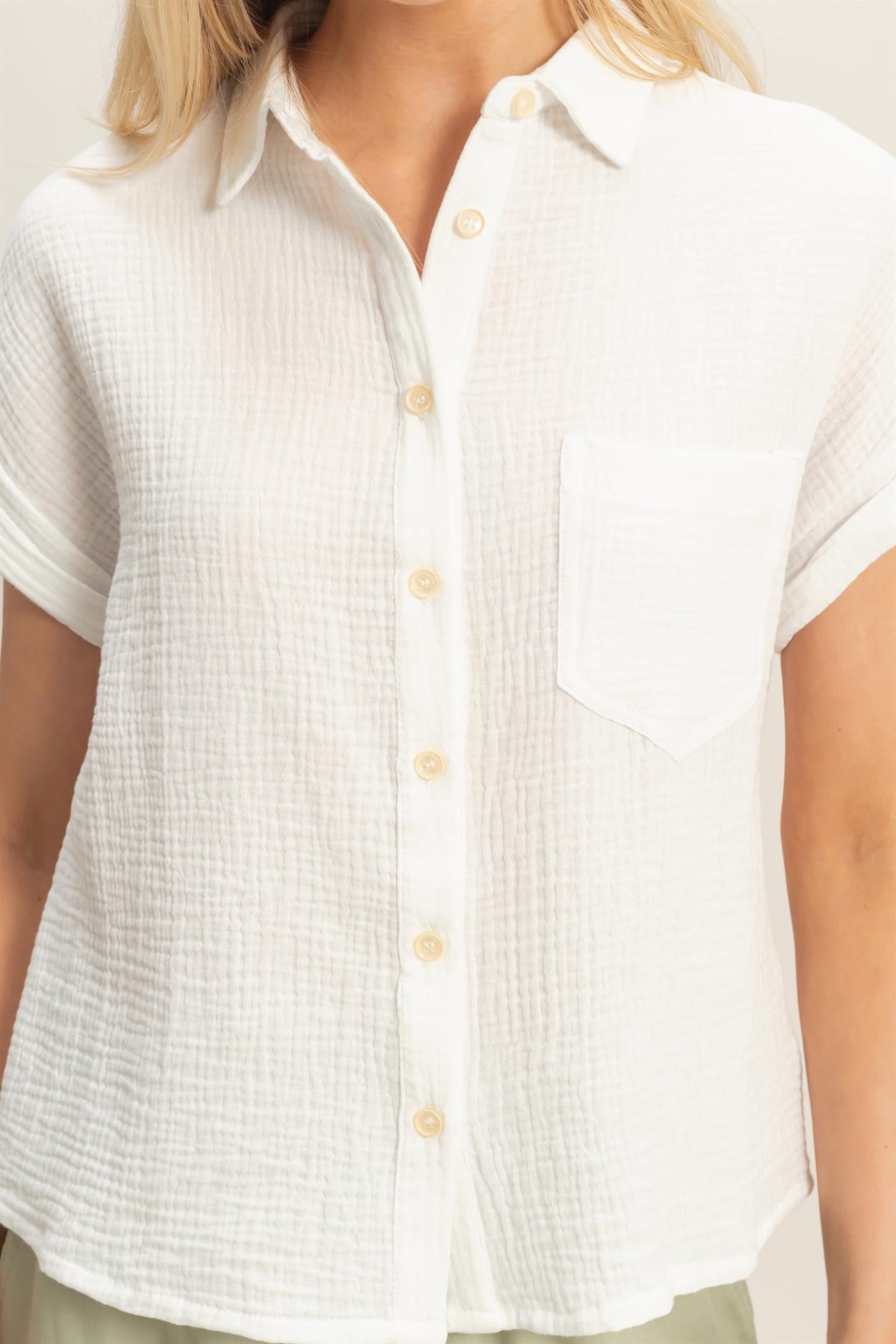 Wholesale Rolled Sleeve Button-Up Top Clothing Tops HF26E526 OFF WHITE HYFVE