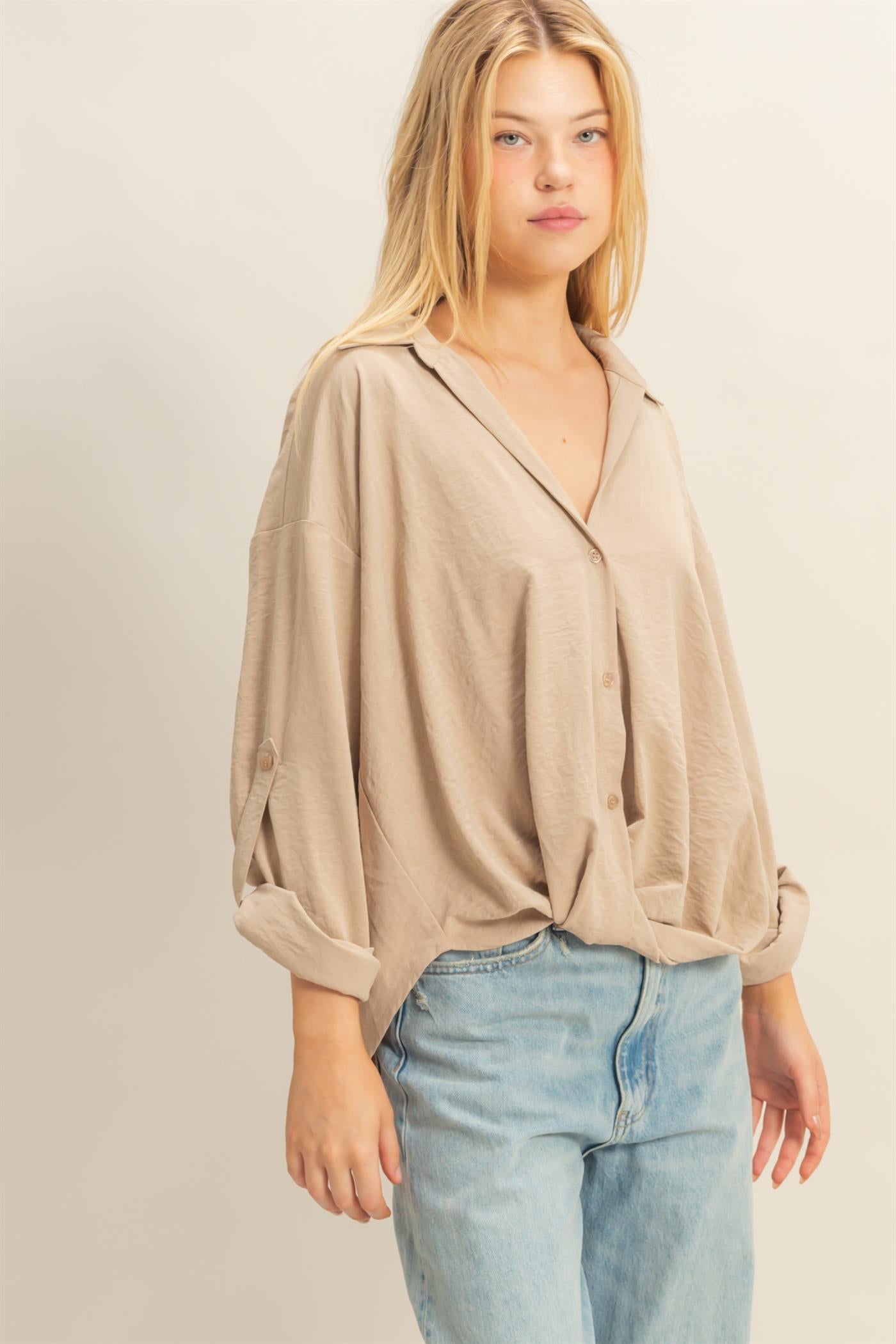 Wholesale Button-Down Blouse With Flowing Fit Clothing Tops HF25C543 BEIGE HYFVE