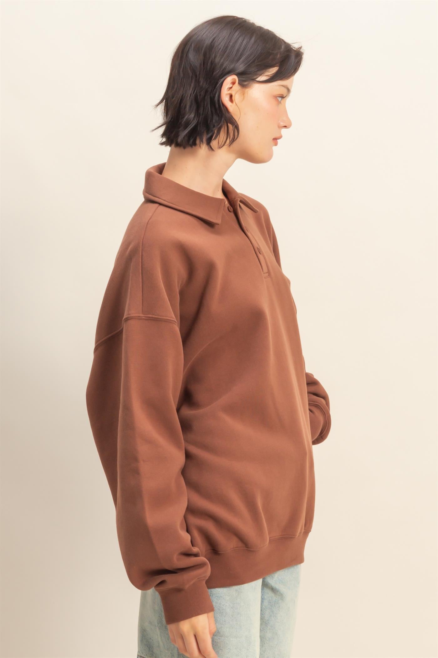 Wholesale Oversized Polo Collared Pullover Sweatshirts DZ25F074 CHESTNUT DOUBLE ZERO