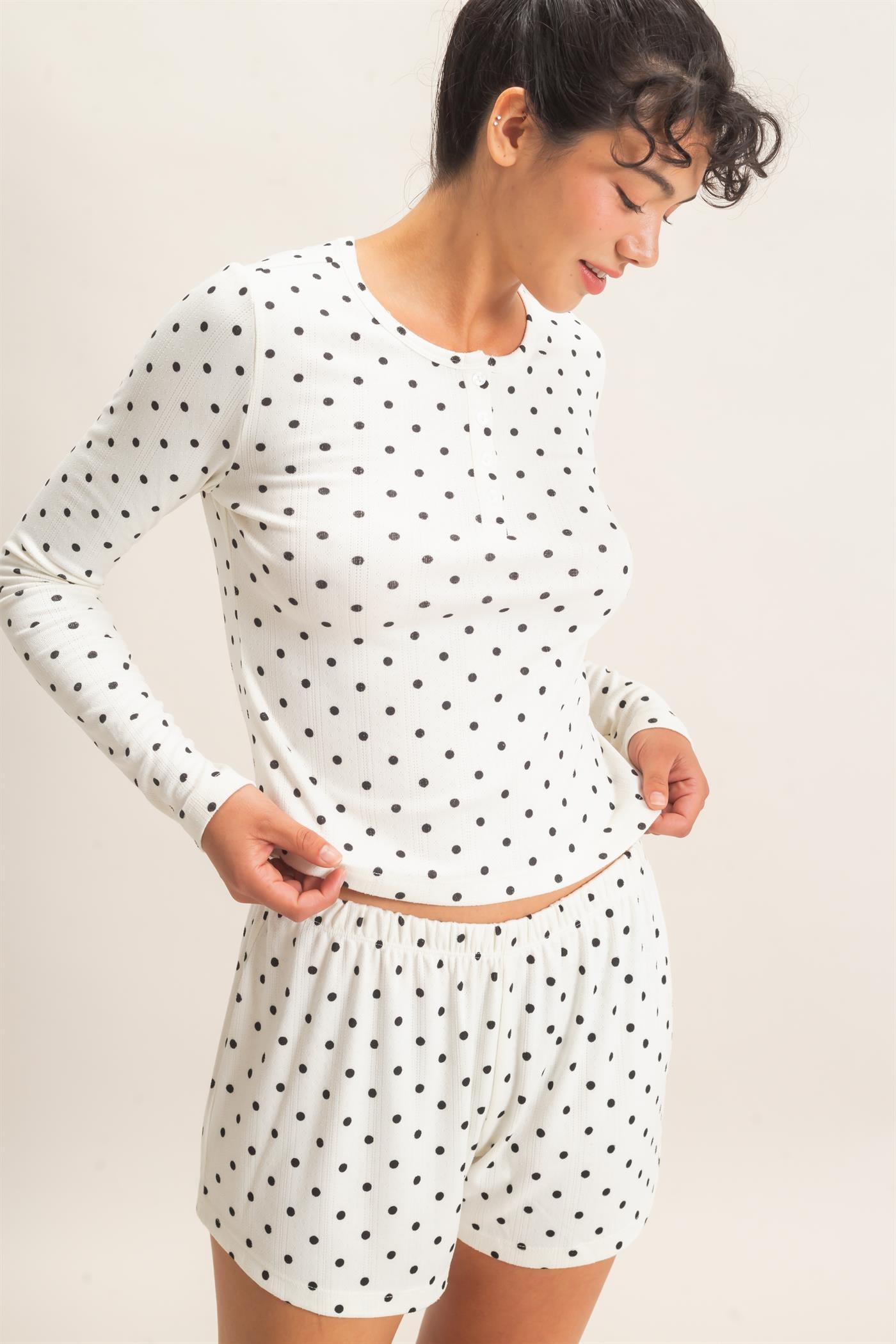 Wholesale Polka Dot Henley Long Sleeve Top & Shorts Set Clothing DZ27A154-SET CREAM DOUBLE ZERO