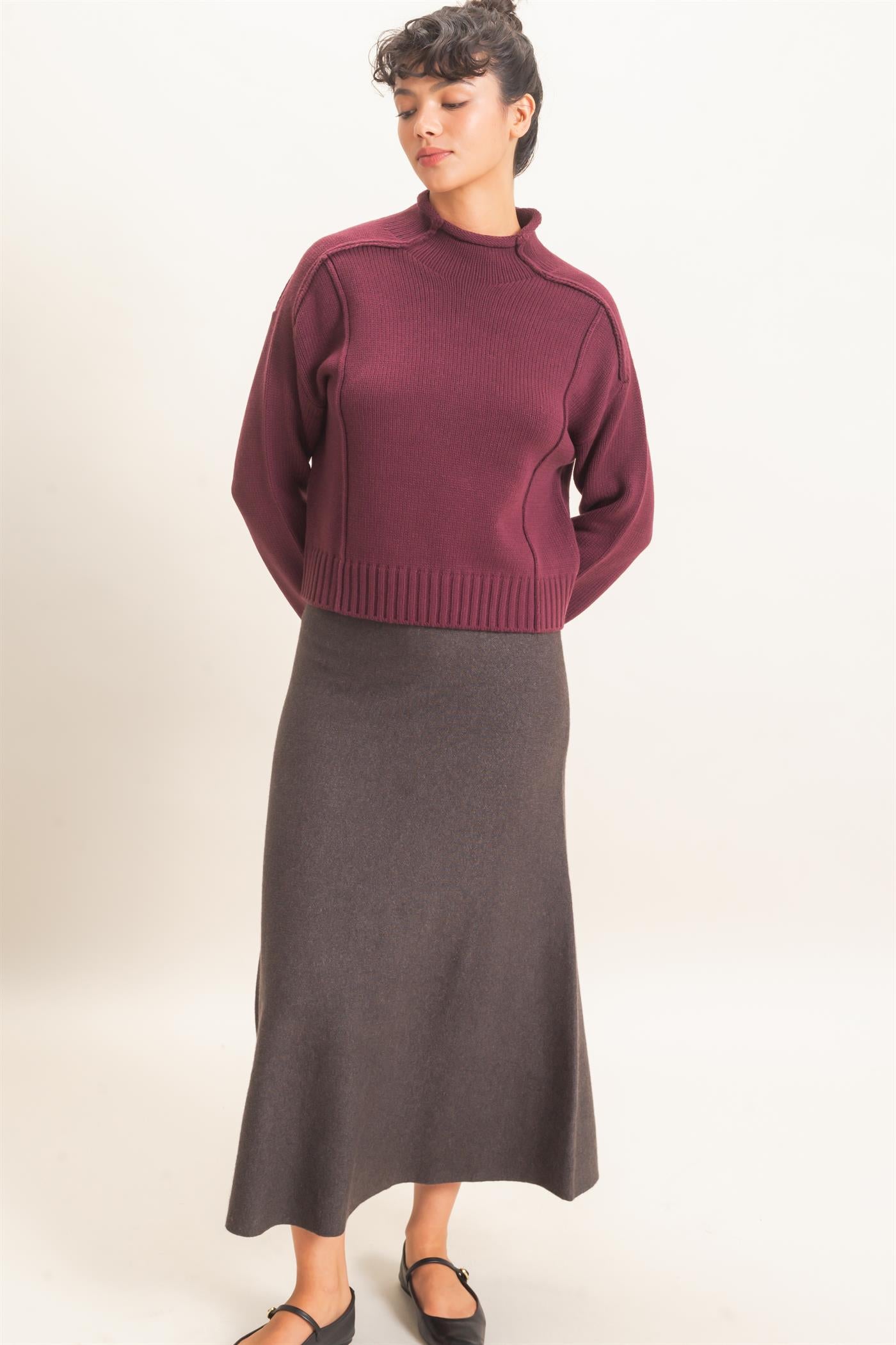 Wholesale Roll Neck Sweater With Reversed Seam Sweaters DZ26E271 DARK CHERRY DOUBLE ZERO