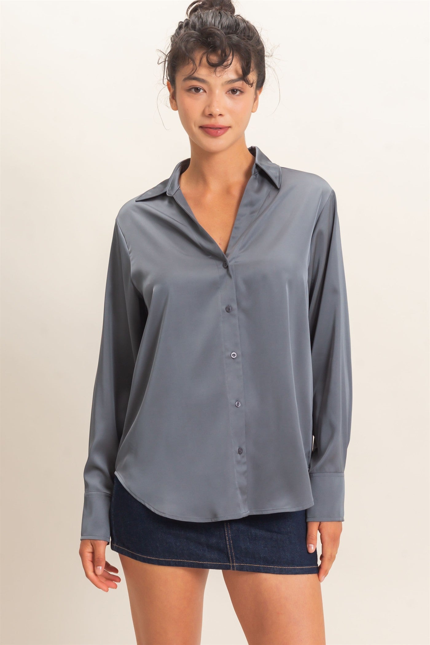 Wholesale Satin Button-Down Shirts Shirts DZ26E265 DARK GRAY DOUBLE ZERO