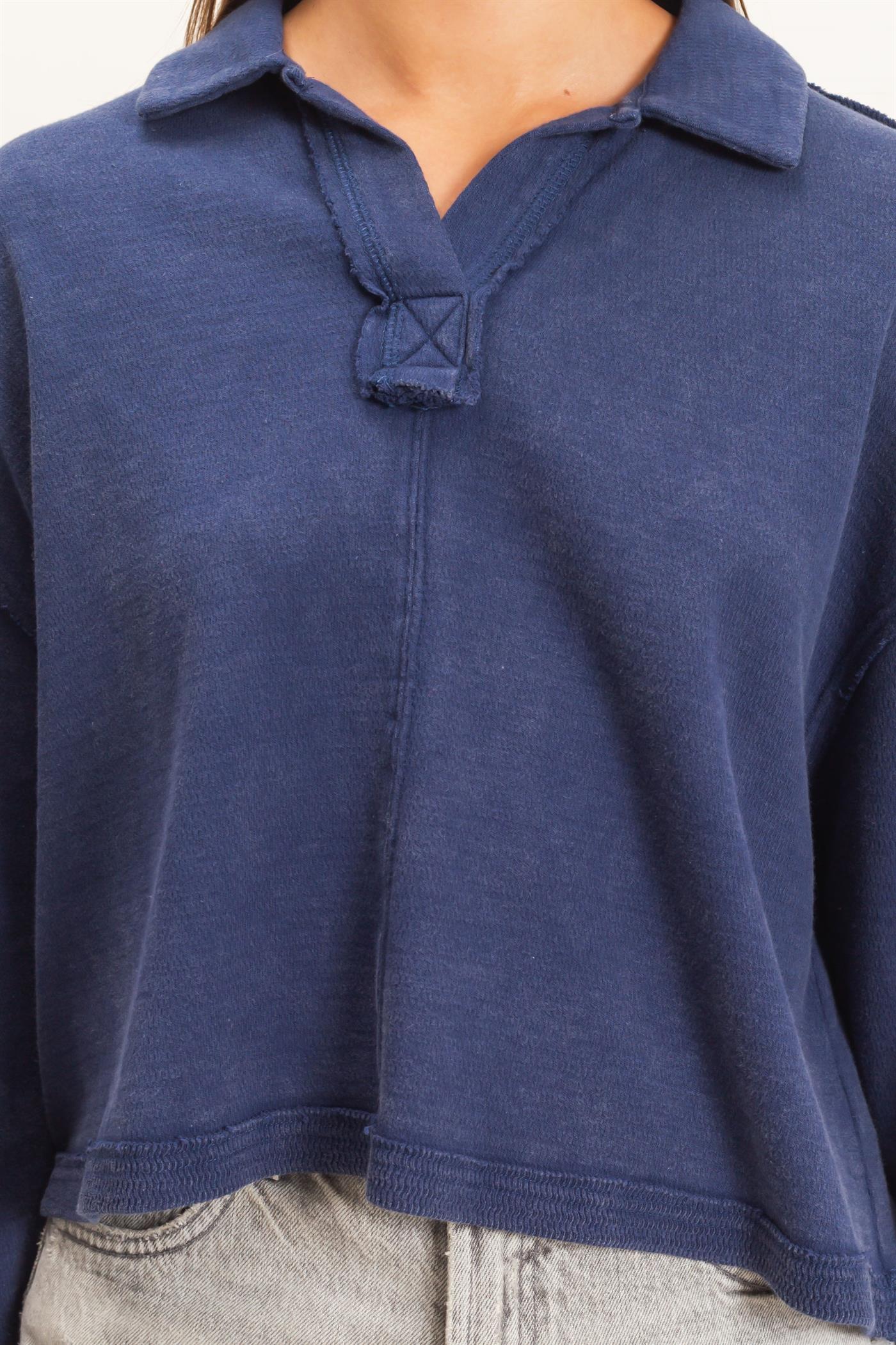 Wholesale Mineral Wash Textured Collar Top Polos DZ26E814 NAVY DOUBLE ZERO