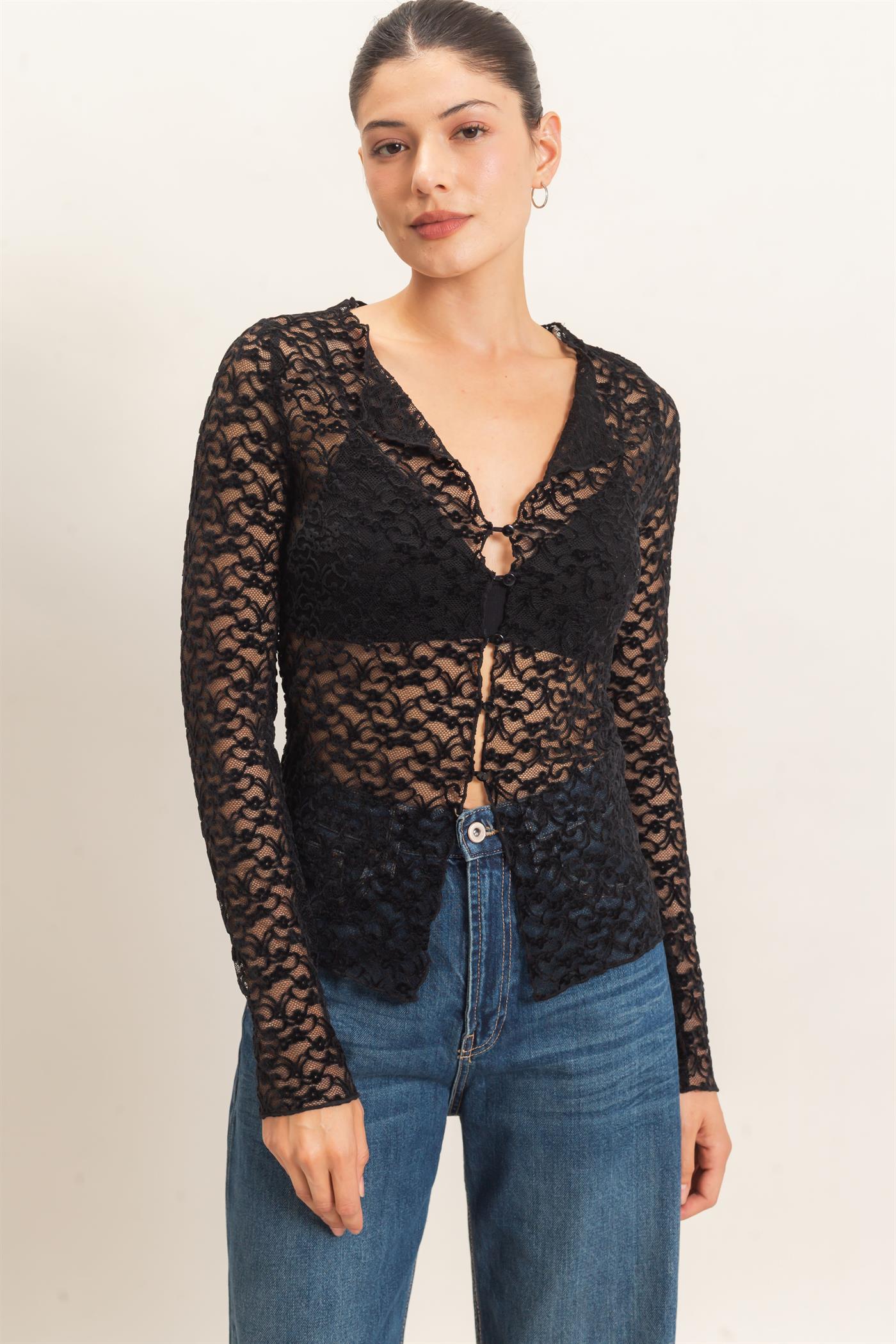 Wholesale Flocked Lace Long Sleeve Cardigan Clothing Tops HF26E415 BLACK HYFVE