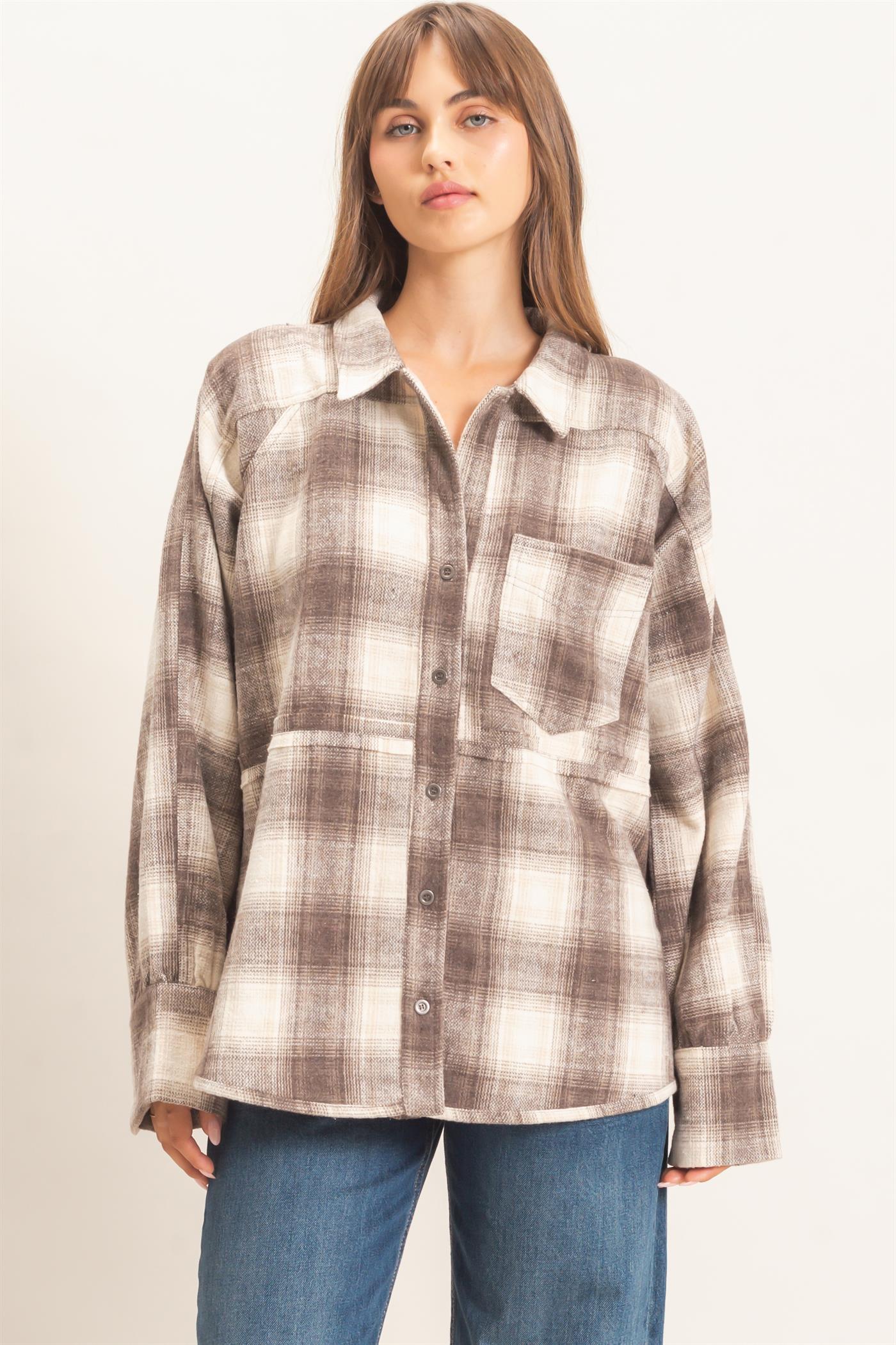 Wholesale Plaid Flannel Shirt Clothing Tops HF26C863 BROWN HYFVE