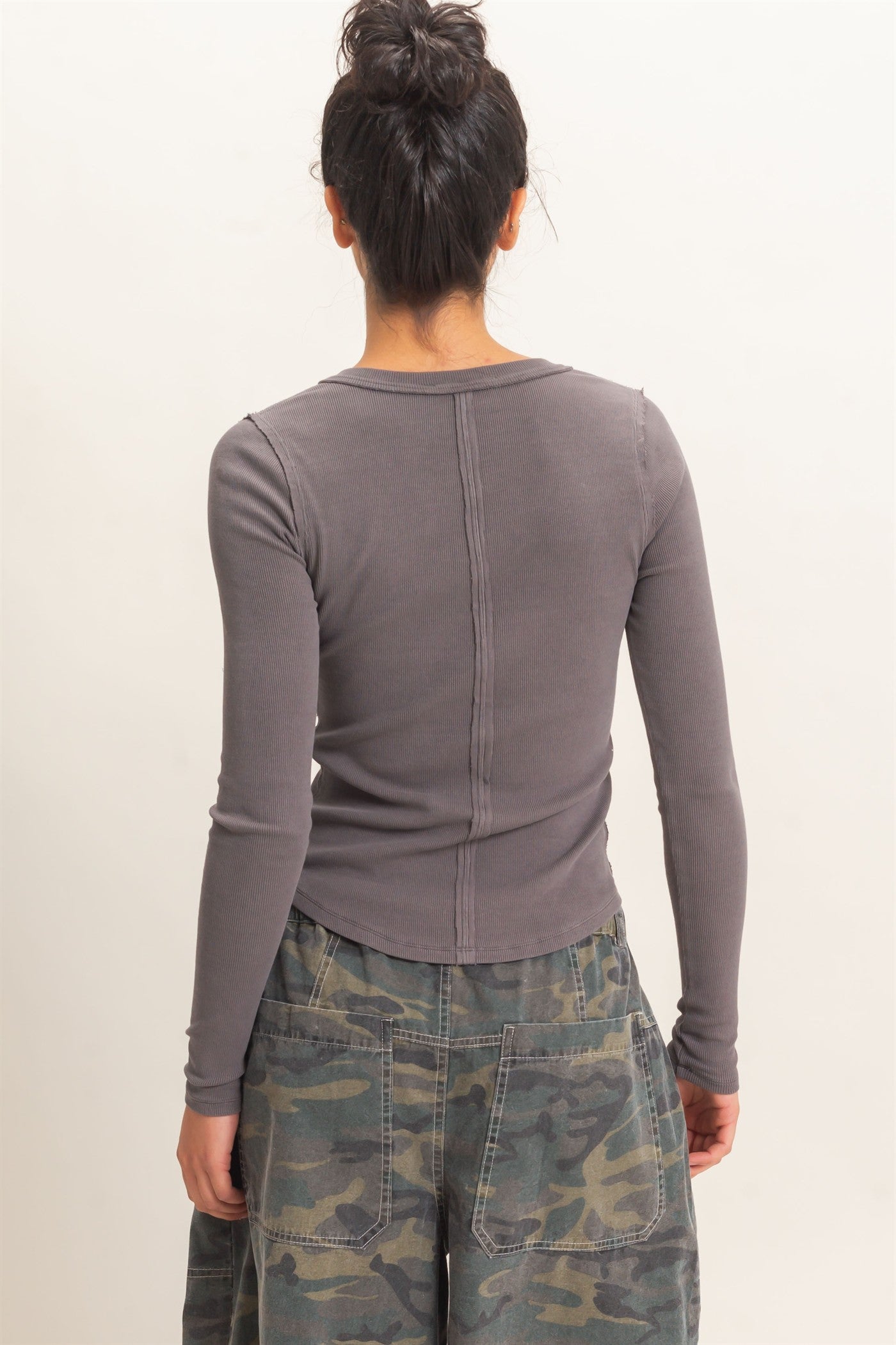 Wholesale Pigment Dye Henley Long Sleeve Top Clothing Tops DZ26C882 CHARCOAL DOUBLE ZERO