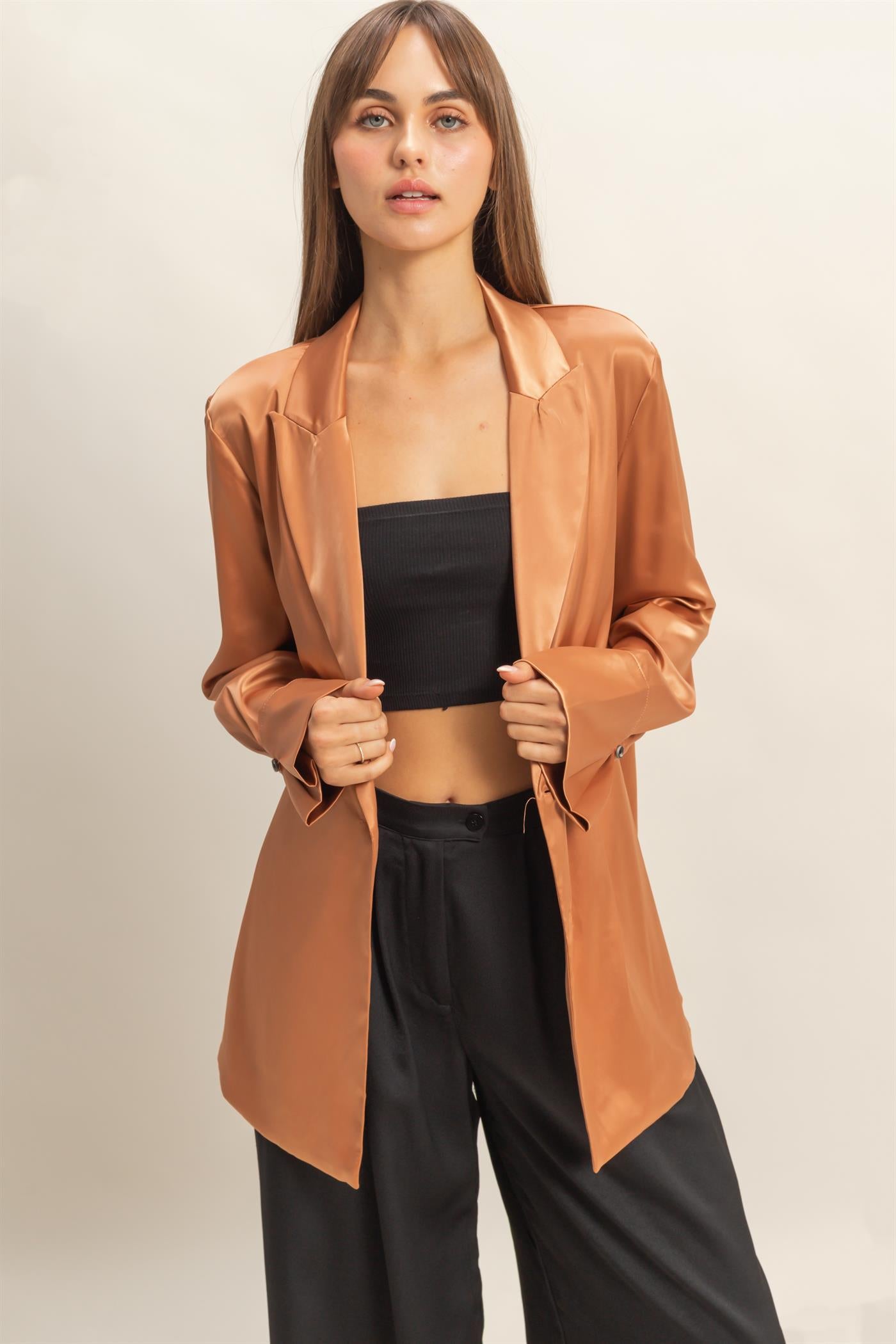 Wholesale Satin Long Sleeve Blazer Coats & Jackets HF23G242 BROWN HYFVE