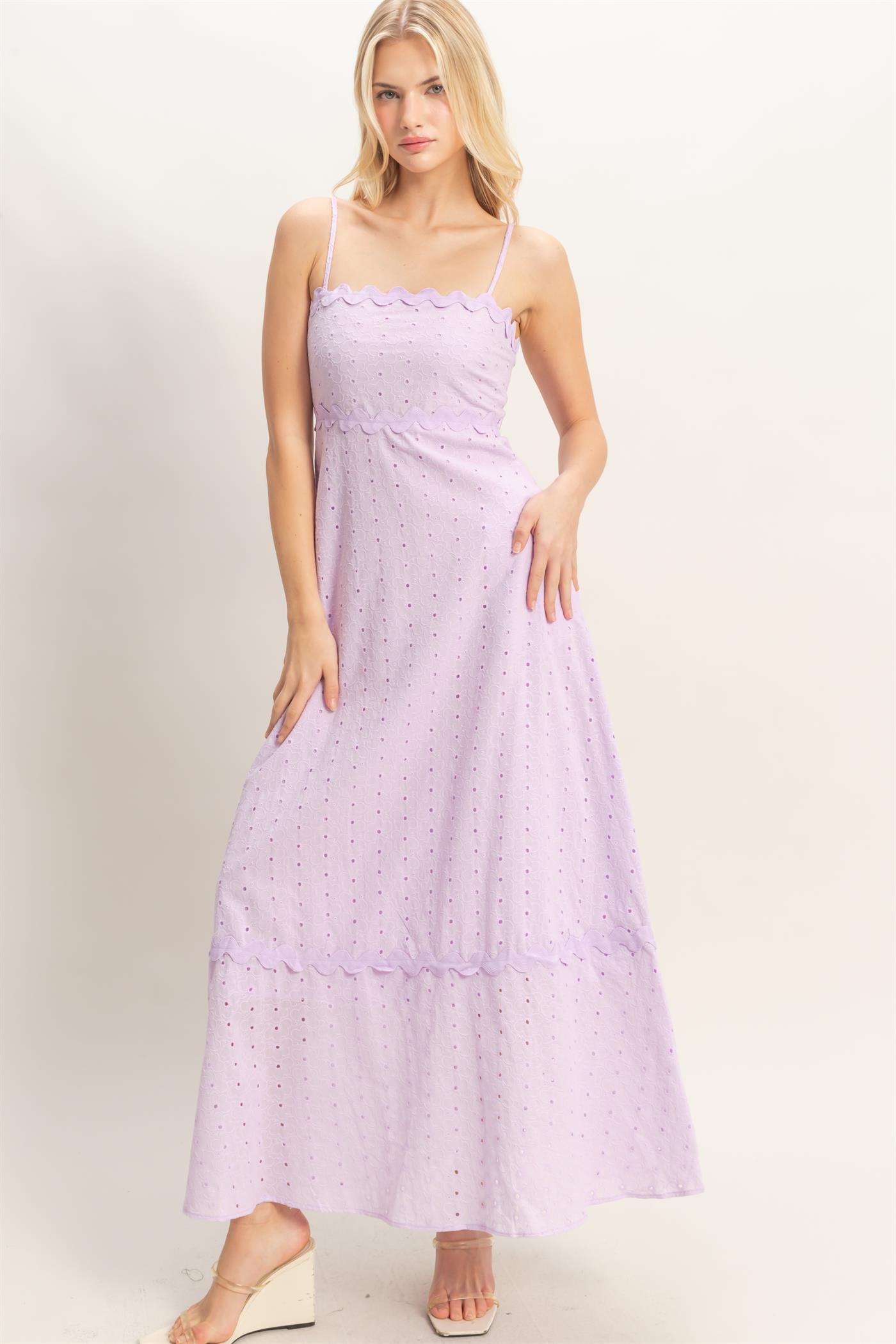 Wholesale Scallop Trim Eyelet Midi Dress Dresses HF26A694 LAVENDER HYFVE