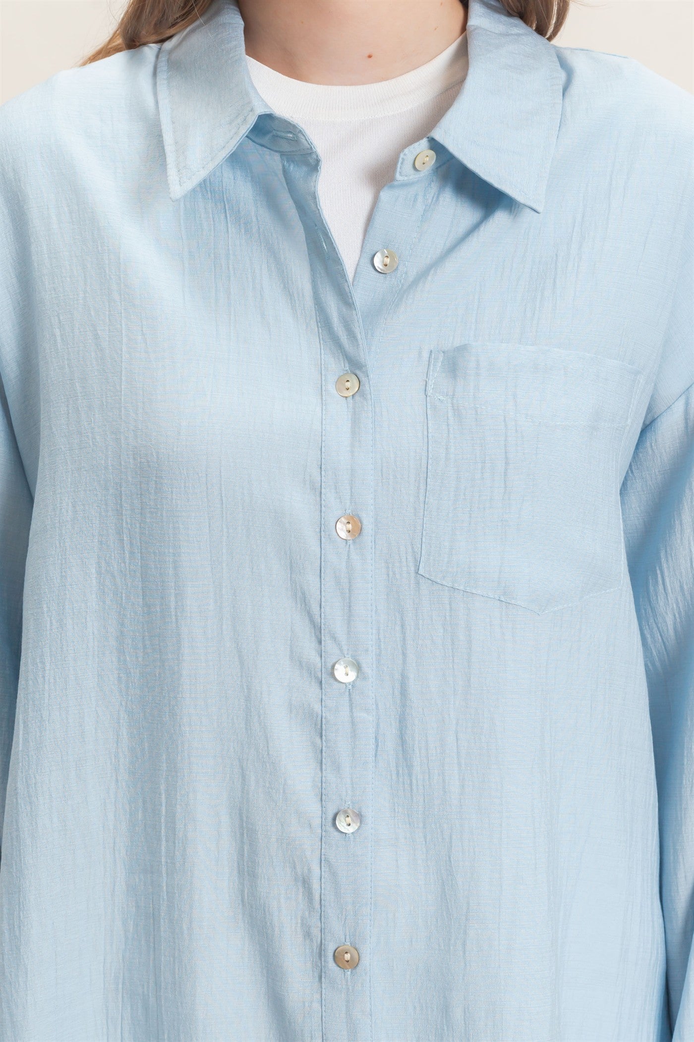 Wholesale Crinkled Button-Up Shirt Clothing Tops HF26E691 LIGHT BLUE HYFVE