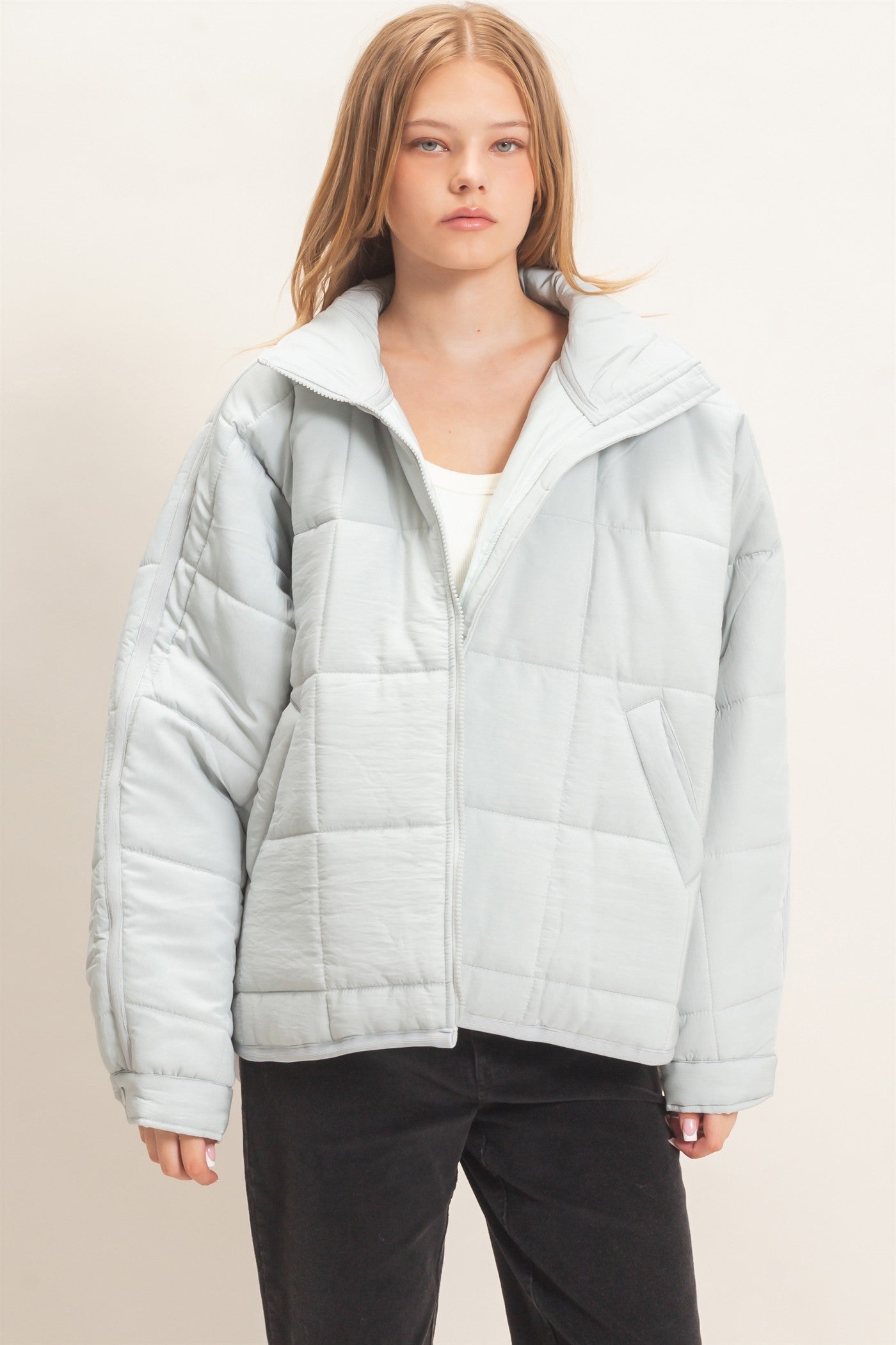 Wholesale Quilted Mock Neck Zip-Up Puffer Jacket Coats & Jackets HF26C865 DUSTY AQUA HYFVE
