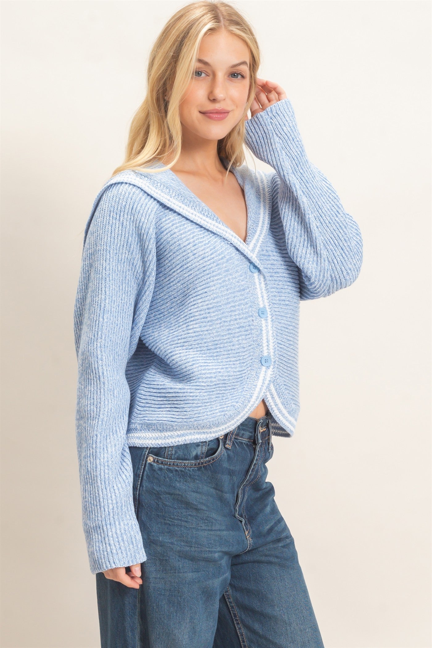 Wholesale Ribbed Button-Up Cardigan Cardigans HF26E036 BLUE HYFVE