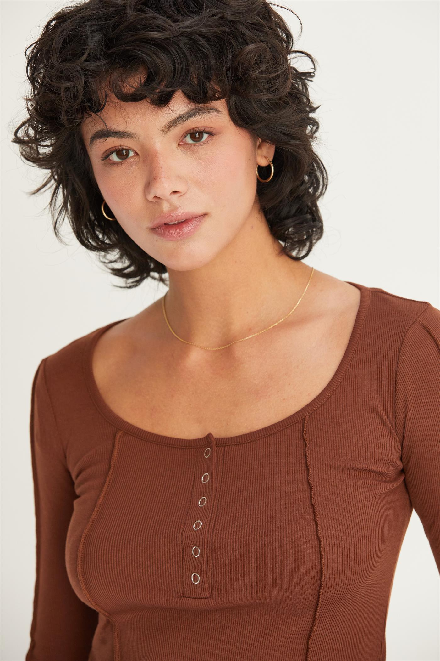 Wholesale Ribbed Long Sleeve Button Front Top Clothing Tops DZ25A025 CHESTNUT DOUBLE ZERO