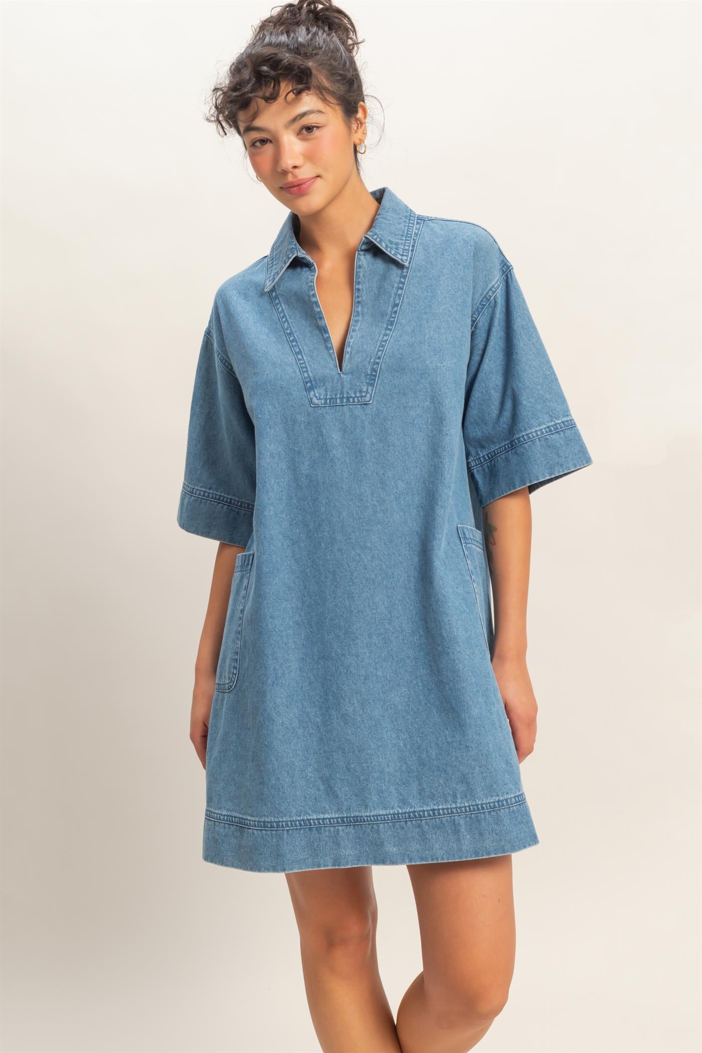 Wholesale Denim Collar Tunic Dress Dresses DZ25F163 MEDIUM BLUE DOUBLE ZERO