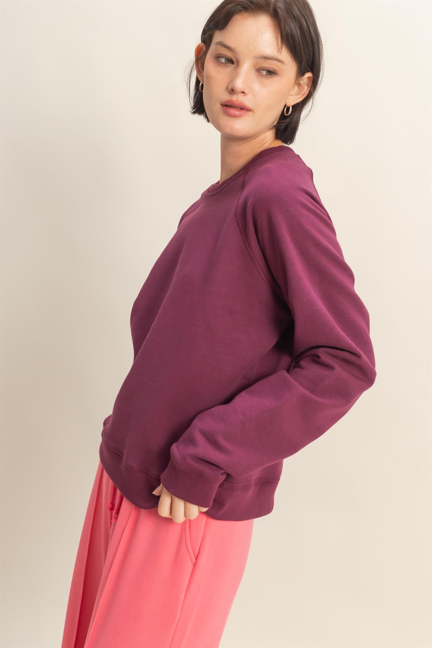 Wholesale Crew Neck Raglan Sleeve Comfy Pullover Sweatshirt Sweatshirts DZ25E237 DARK CHERRY DOUBLE ZERO