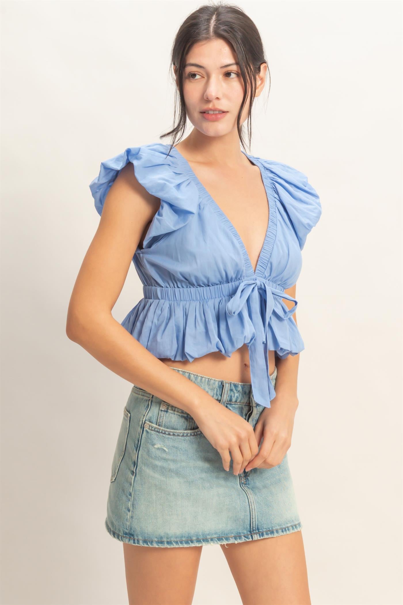 Wholesale Ruched V-Neck Puff Sleeve Top Clothing Tops HF26A122 INDIGO HYFVE