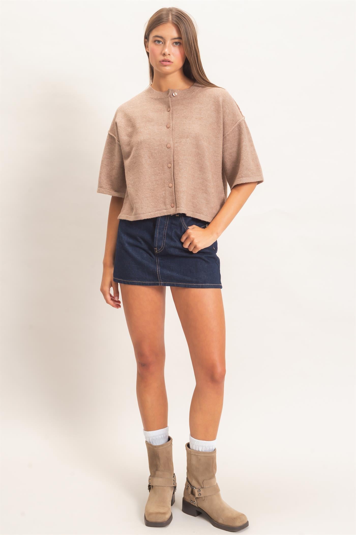 Wholesale Drop Shoulder Short Sleeve Cardigan Cardigans DZ26E238 DARK TAUPE DOUBLE ZERO