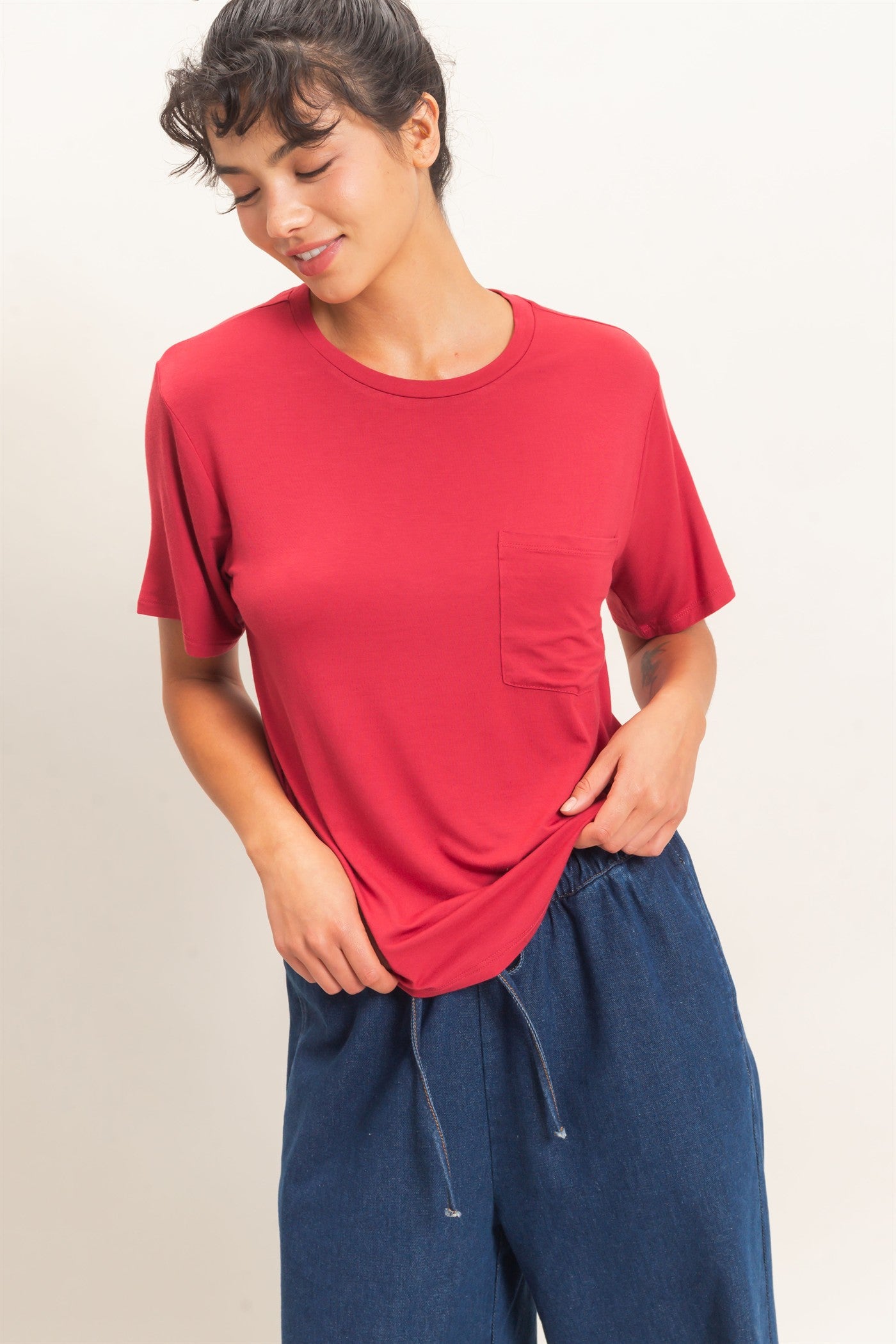 Wholesale Crew Neck Pocket Tee Clothing Tops DZ26E254 DARK RED DOUBLE ZERO