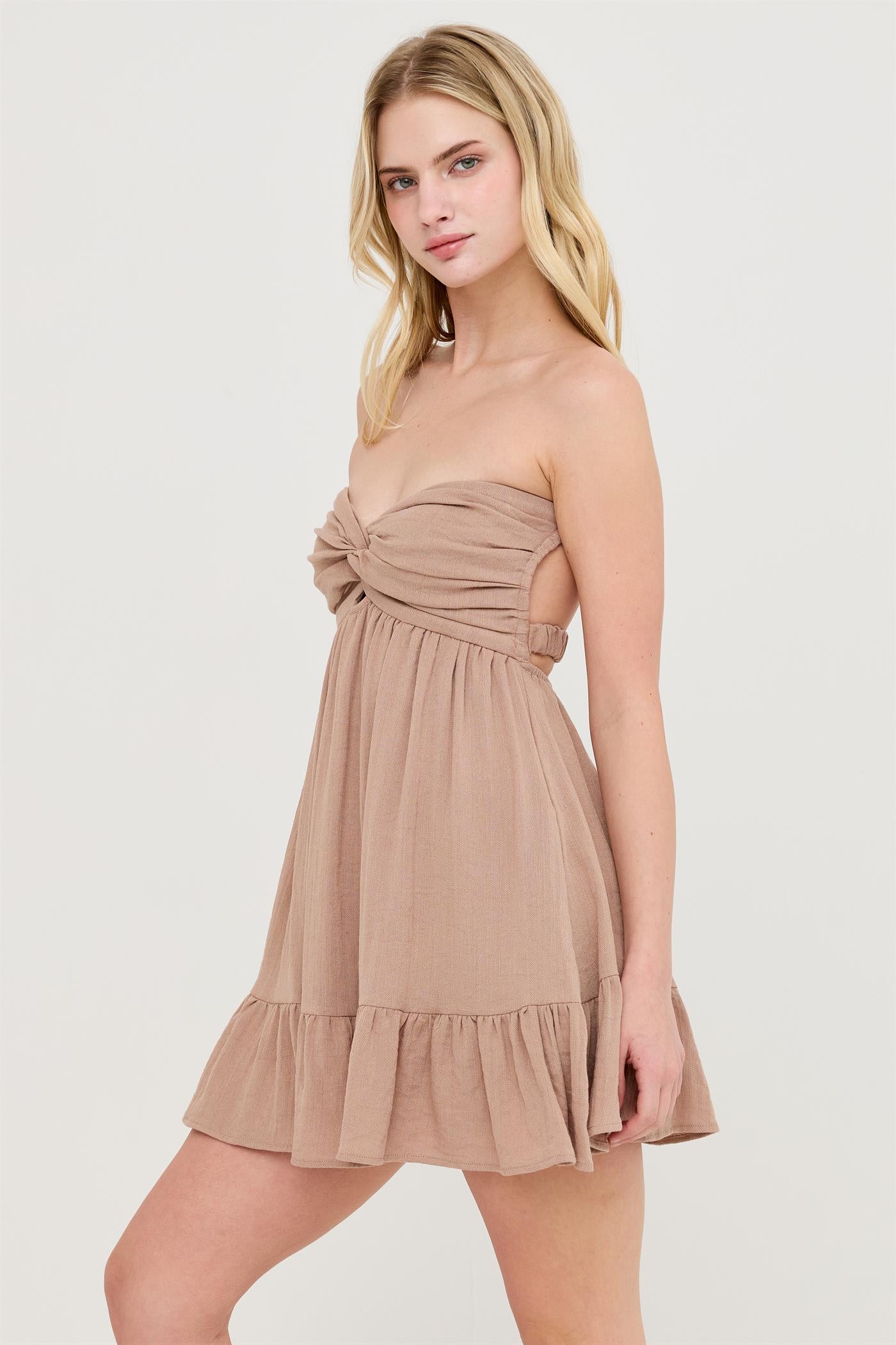 Wholesale Twist Front Mini Dress Dresses HF26C118-D LIGHT BROWN HYFVE