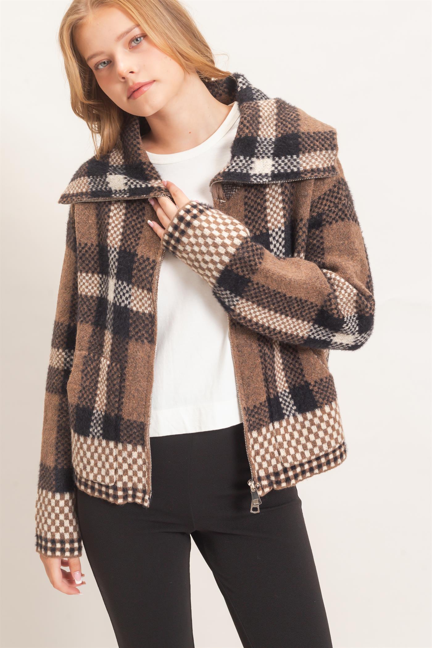 Wholesale Wide Collar Plaid Zip-Up Sweater Cardigans HF26E898 BROWN COMBO HYFVE