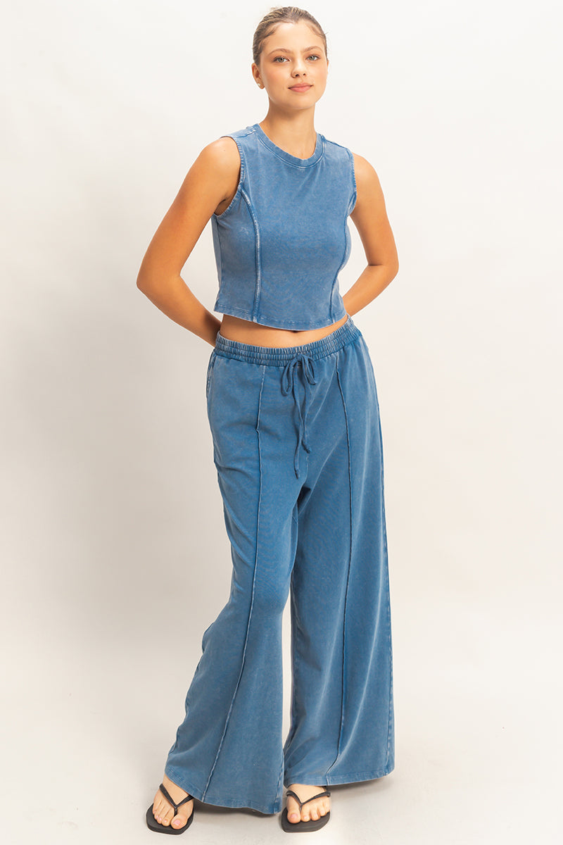 Wholesale Mineral Washed Sleeveless Top & Wide Leg Pants Set Clothing DZ26A371-SET NAVY DOUBLE ZERO
