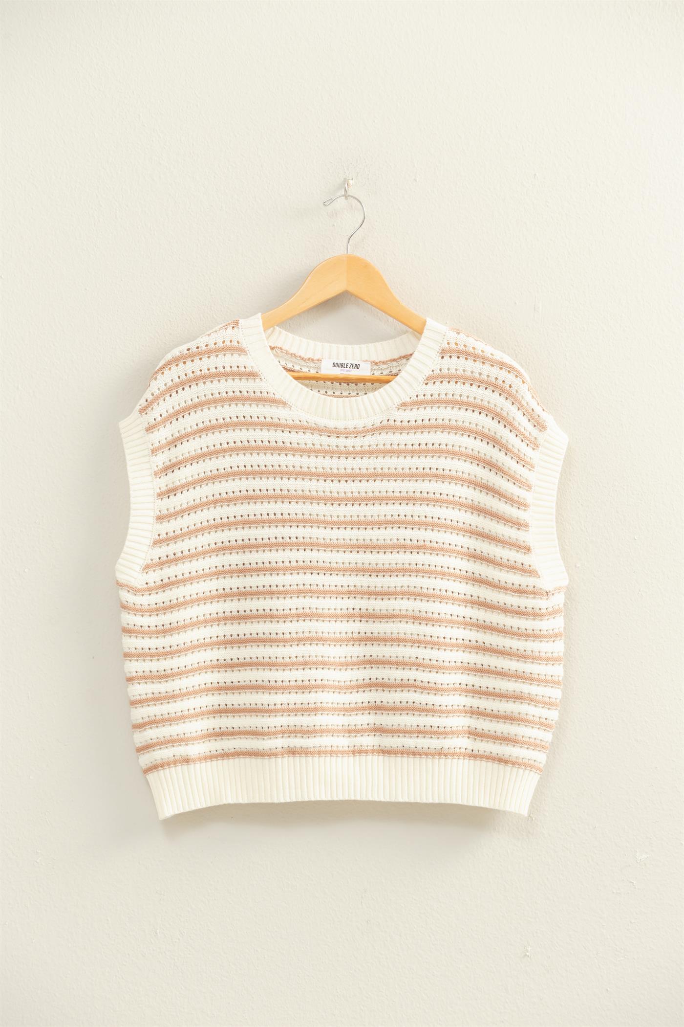 Wholesale Striped Sleeveless Crew Neck Top Sweaters DZ26A222 DARK TAUPE DOUBLE ZERO