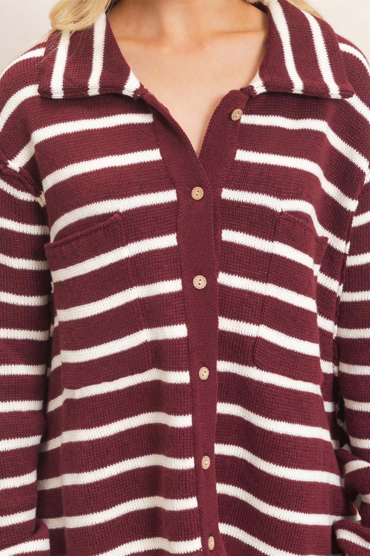 Wholesale Striped Button Front Cardigan Sweaters HF26F197 WINE HYFVE