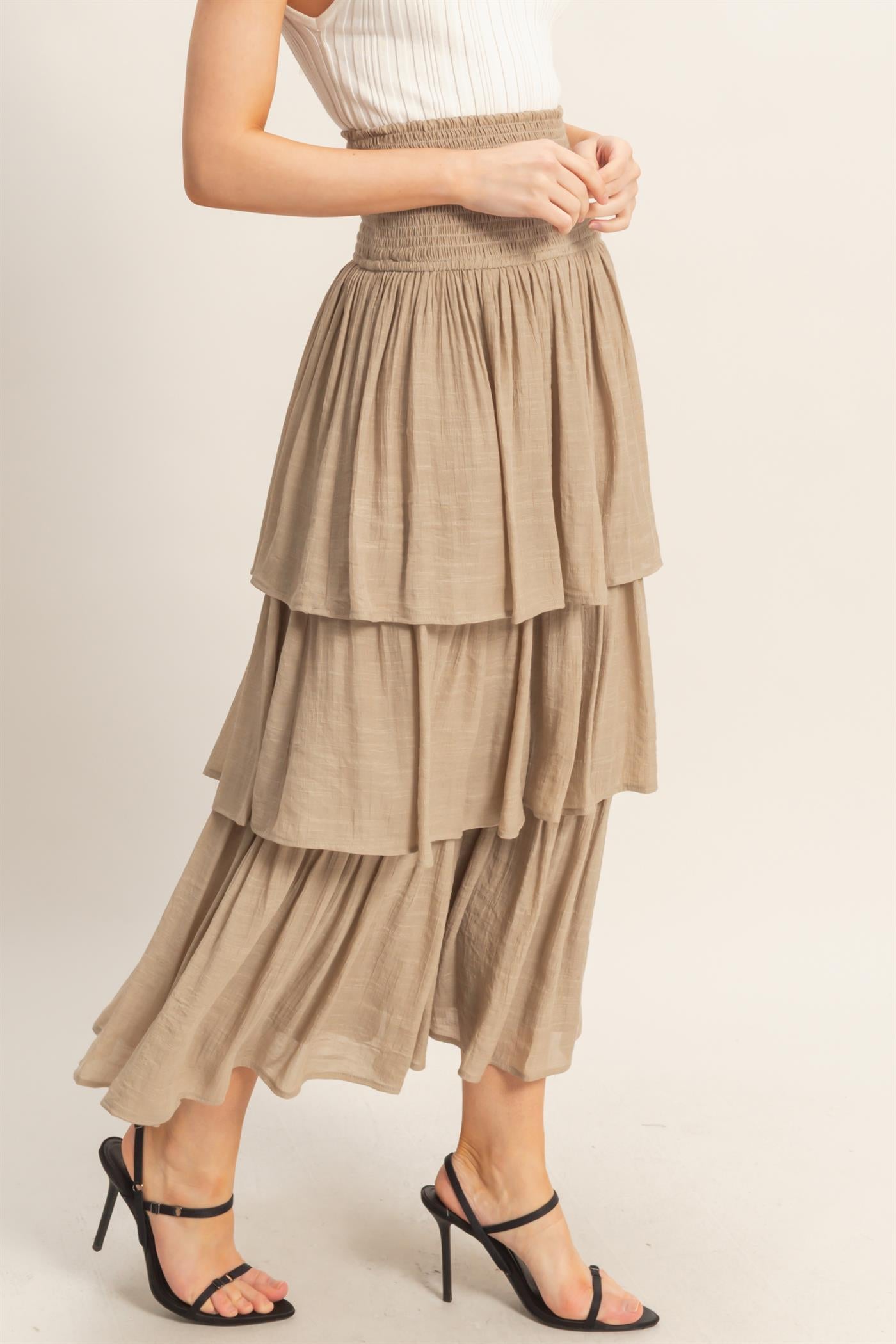 Wholesale Tiered Smocked Waist Skirt Skirts HF26C188-D TAUPE HYFVE