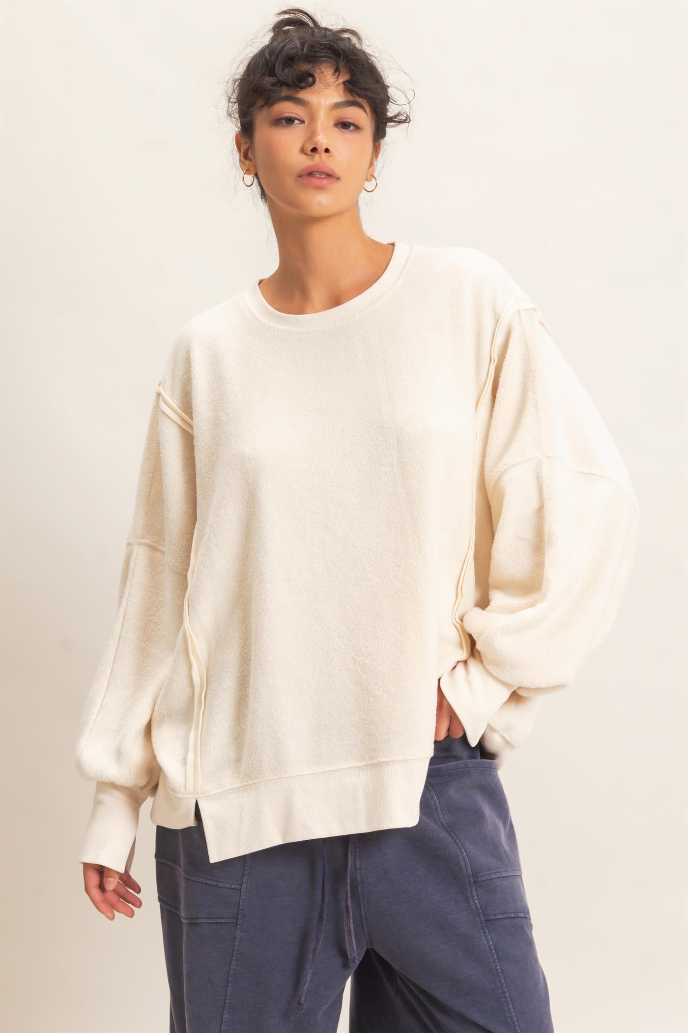 Wholesale Oversized Raw Edge Crew Neck Sweatshirt Sweatshirts DZ26E273 IVORY DOUBLE ZERO