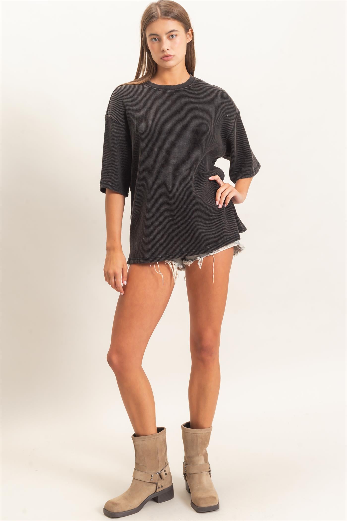 Wholesale Mineral Wash Waffle Crew Neck Short Sleeve Top Clothing Tops DZ26E328 BLACK DOUBLE ZERO