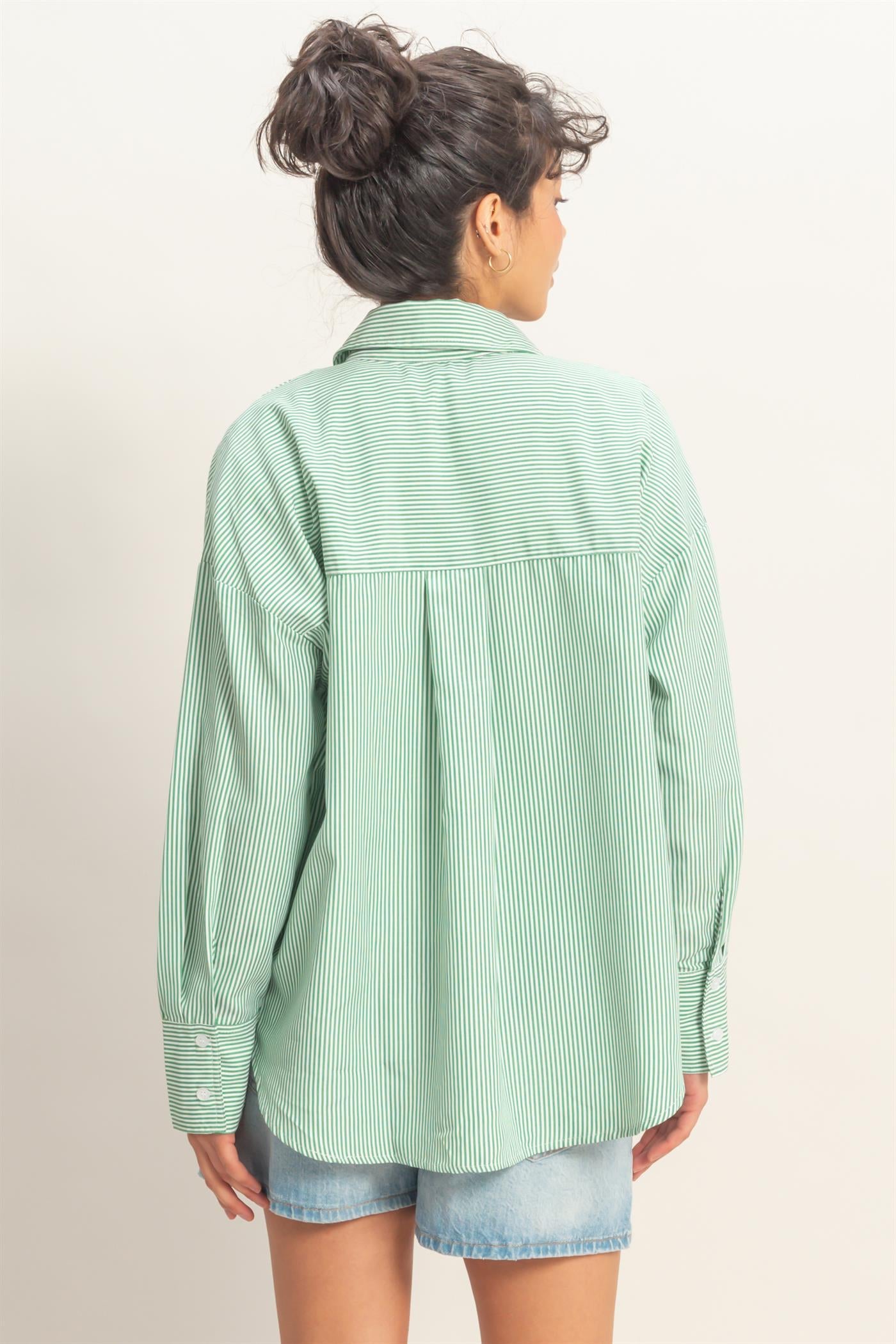 Wholesale Striped Button-Up Shirt Shirts DZ26A737 GREEN DOUBLE ZERO
