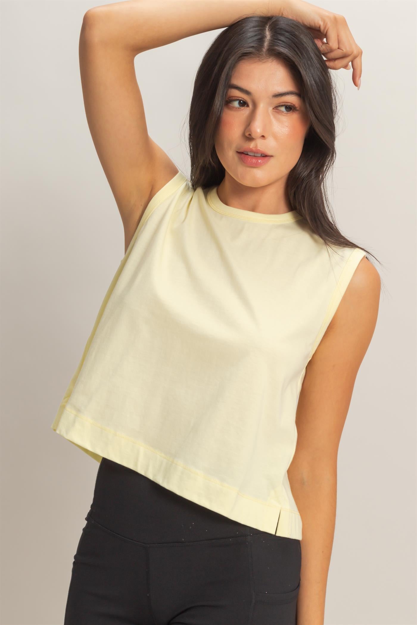 Wholesale Sleeveless Crew Neck Top With Back Pleats Clothing Tops DZ26A999 PALE YELLOW DOUBLE ZERO
