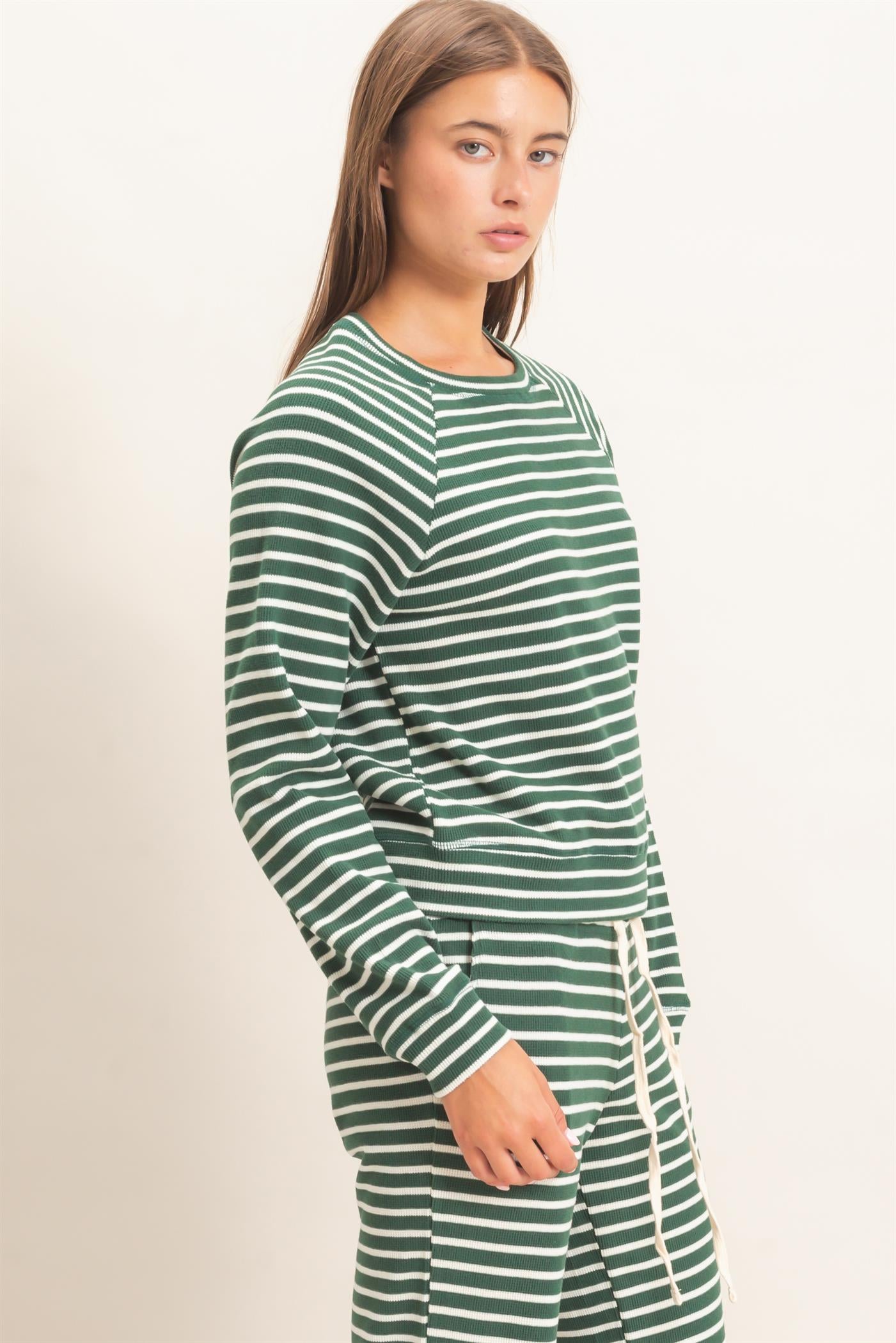 Wholesale Striped Waffle Knit Raglan Top Clothing Tops DZ26E450 DARK GREEN DOUBLE ZERO