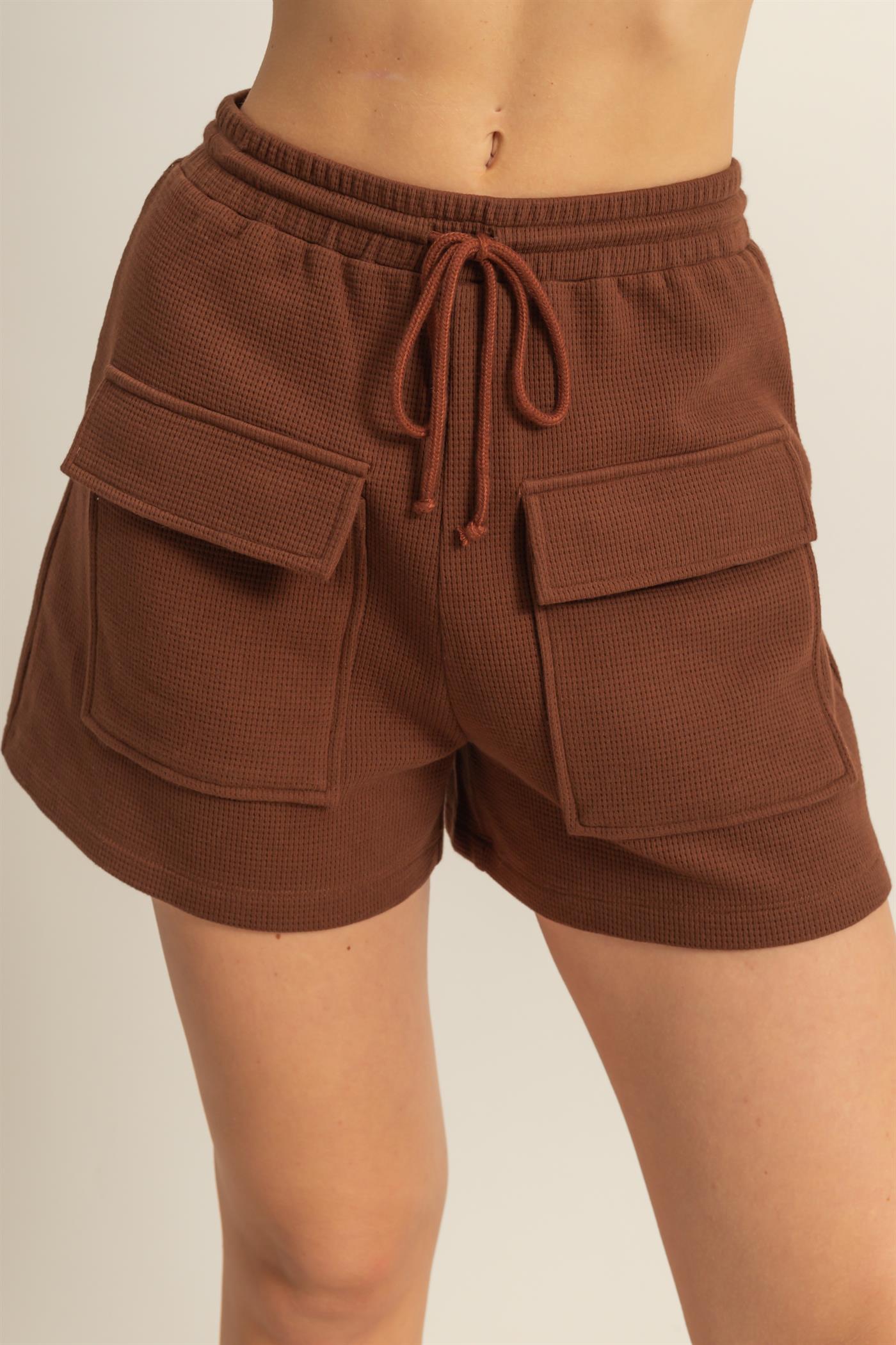 Wholesale Waffle Knit Front Pocket Shorts Shorts DZ25A793 CHESTNUT DOUBLE ZERO
