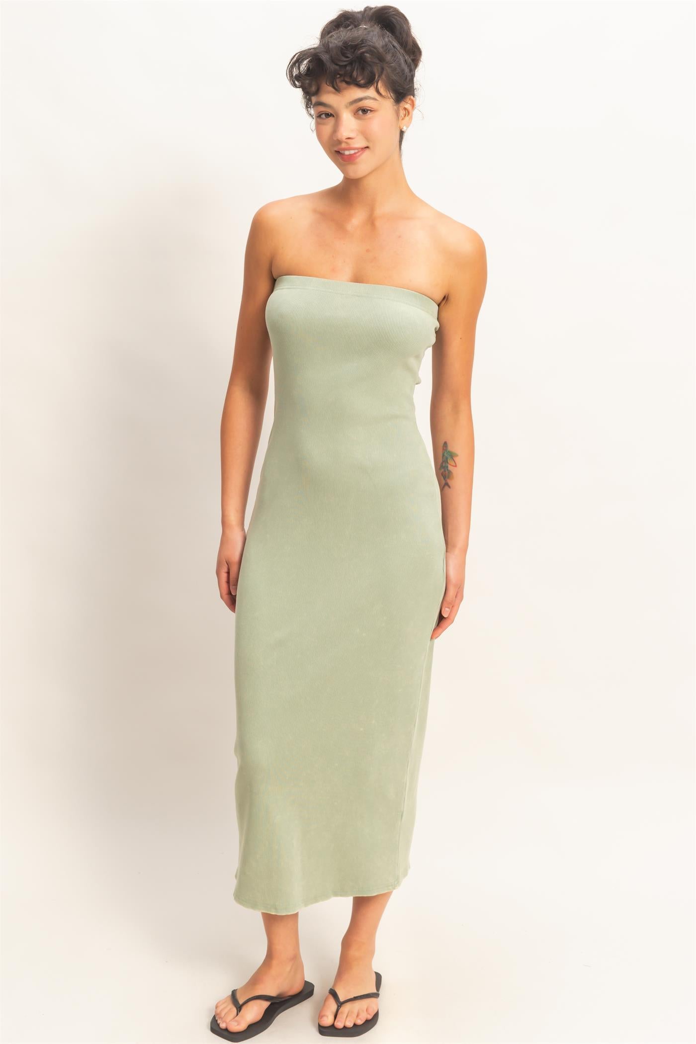 Wholesale Acid Washed Ribbed Midi Tube Dress Dresses DZ26C620 SAGE GREEN DOUBLE ZERO