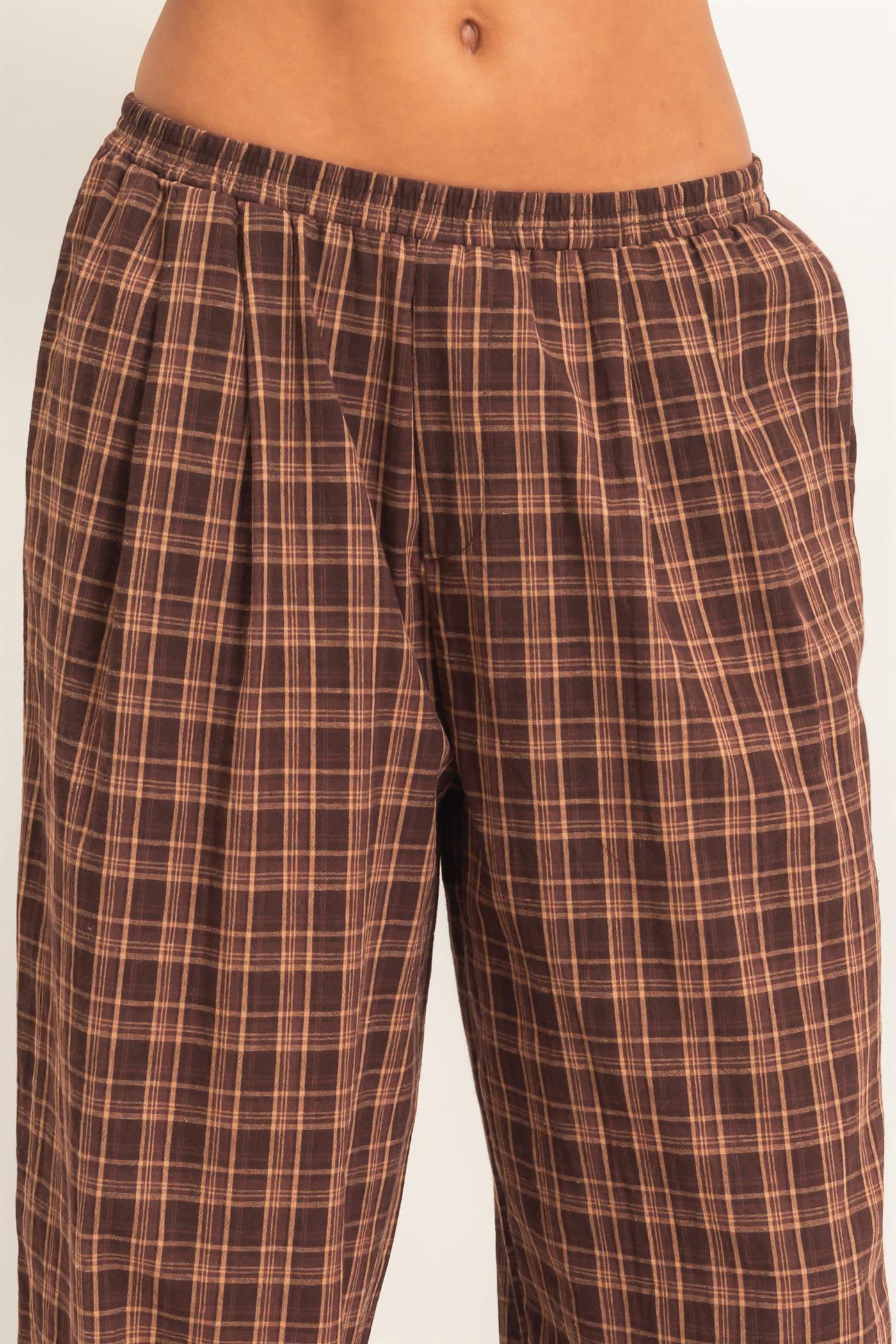 Wholesale Elastic Waist Plaid Pants Pants DZ26E375 BROWN DOUBLE ZERO