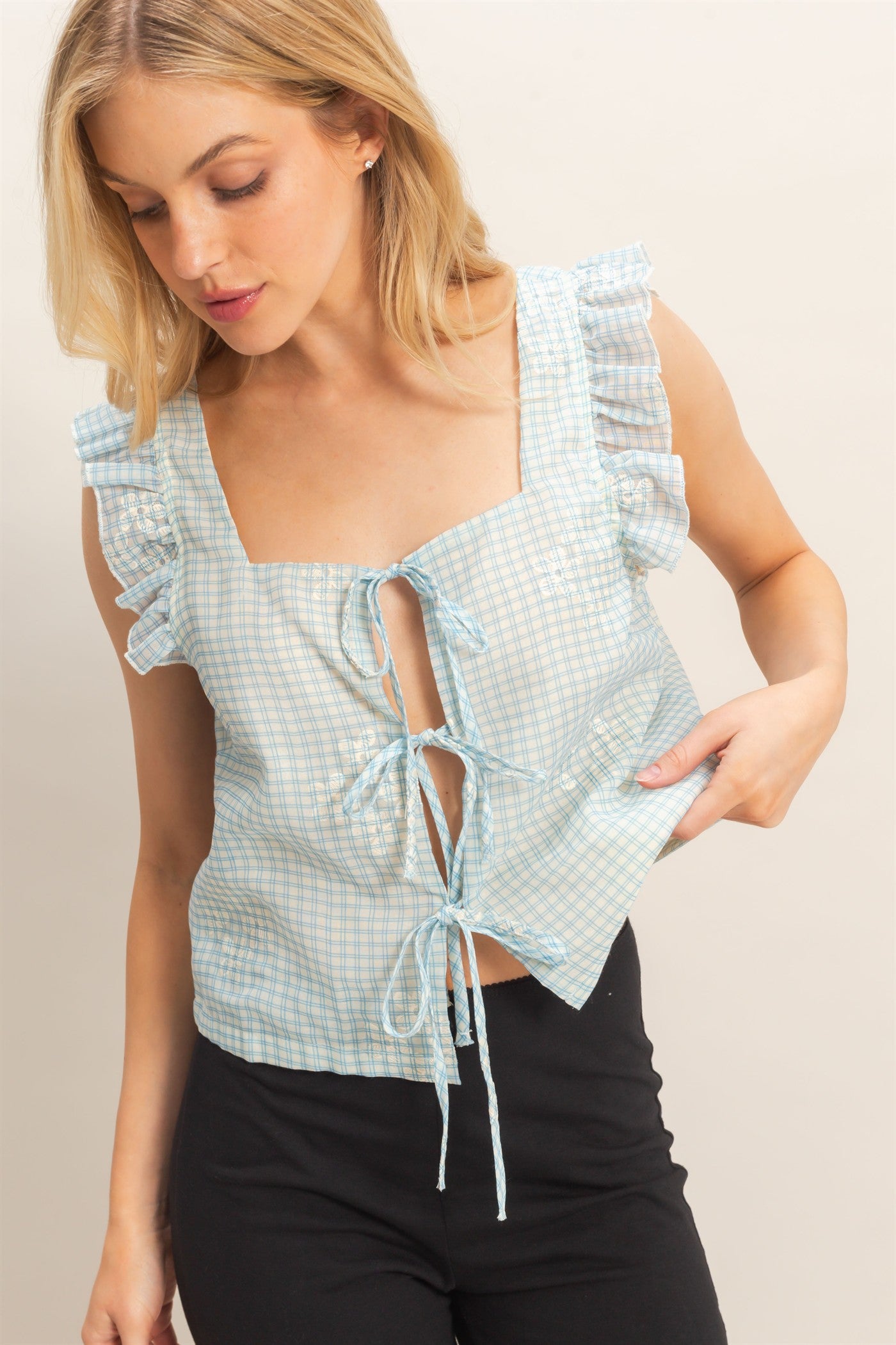 Wholesale Embroidered Gingham Tie Front Top Clothing HF26A501 BLUE HYFVE