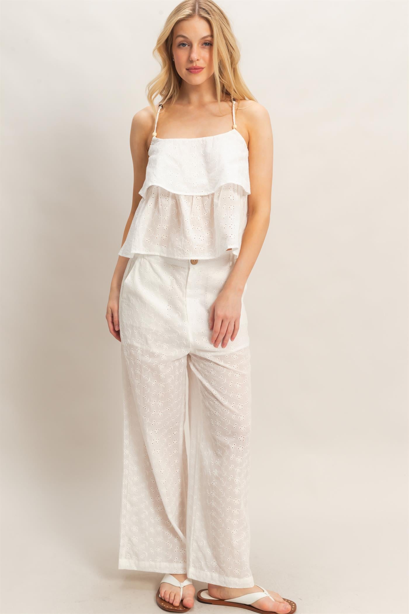 Wholesale Floral Eyelet Pants Pants HF26C542 WHITE HYFVE