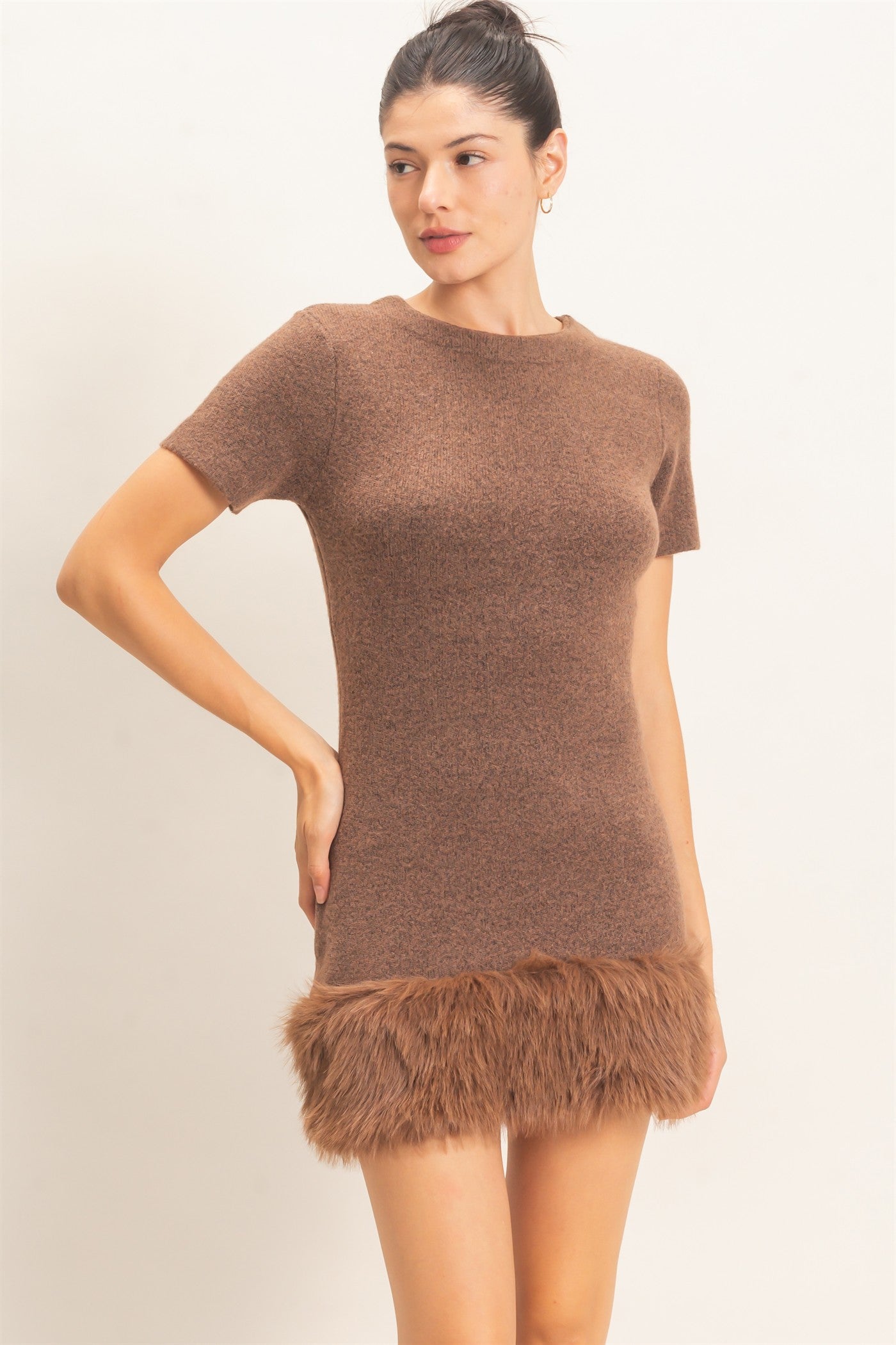 Wholesale Faux Fur Trim Knit Dress Dresses HF26E785-D BROWN HYFVE