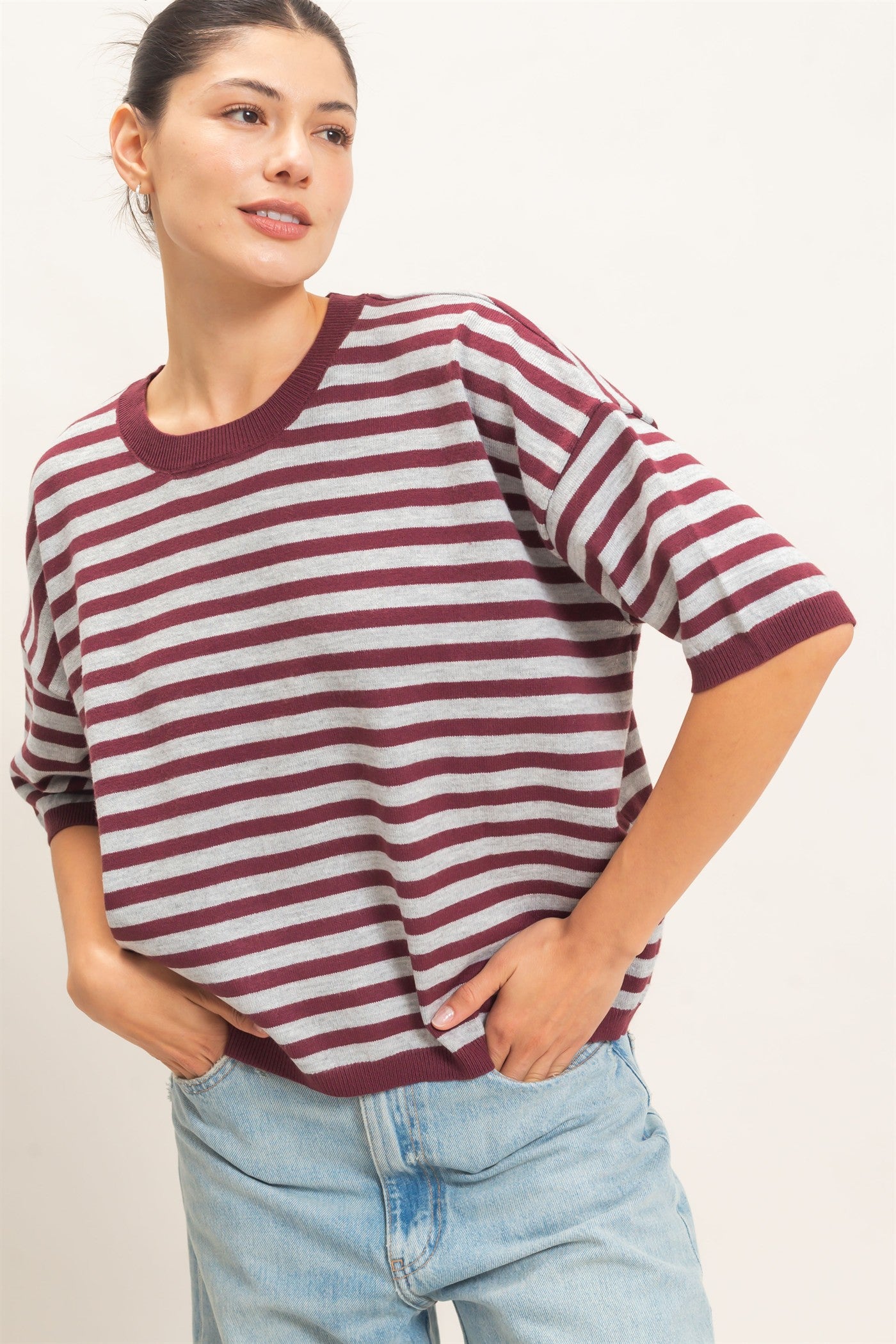 Wholesale Striped Crew Neck Sweater Sweaters HF26E234 WINE HYFVE