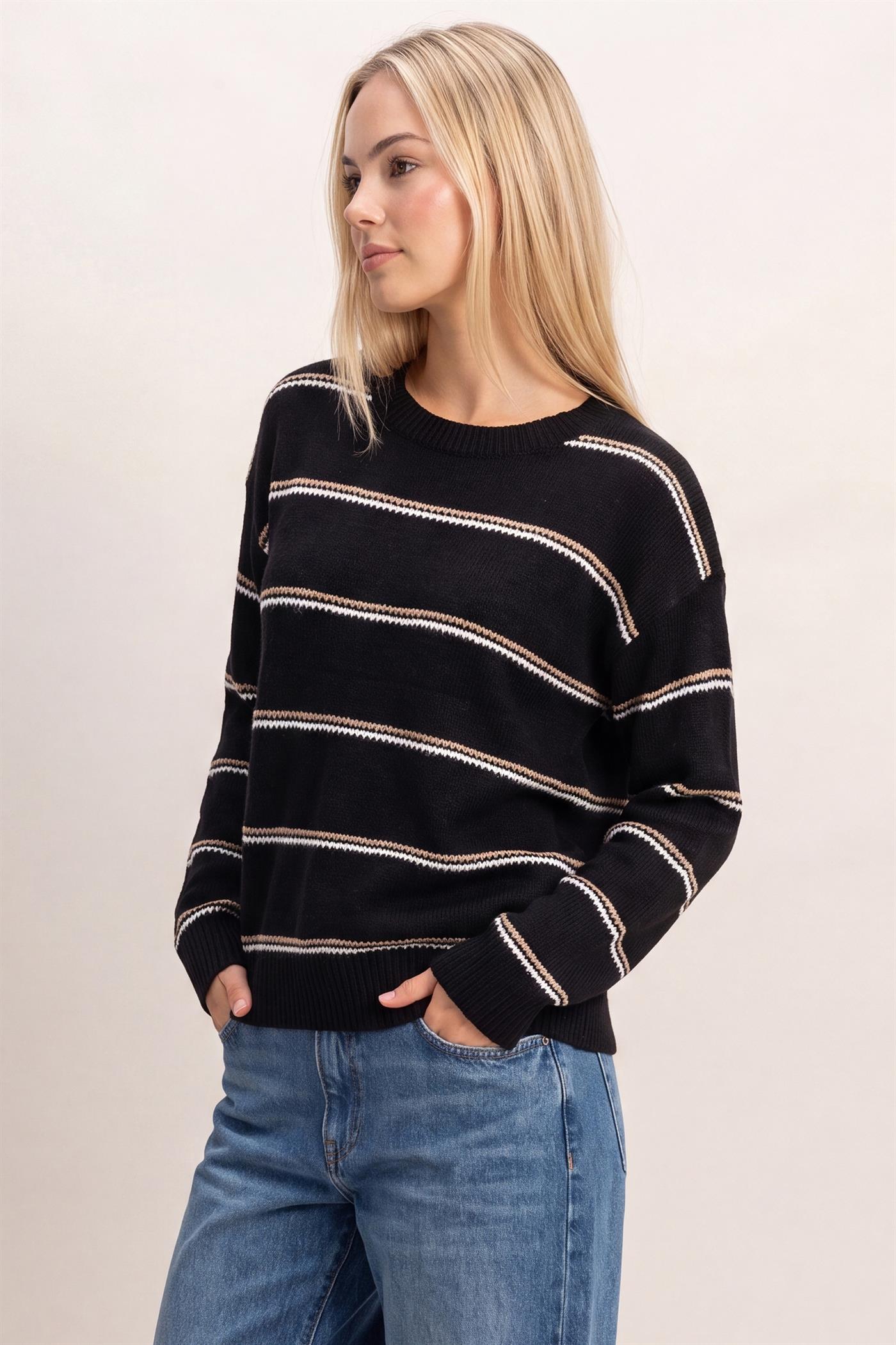 Wholesale Striped Crew Neck Sweater Sweaters HF26E696-D BLACK HYFVE
