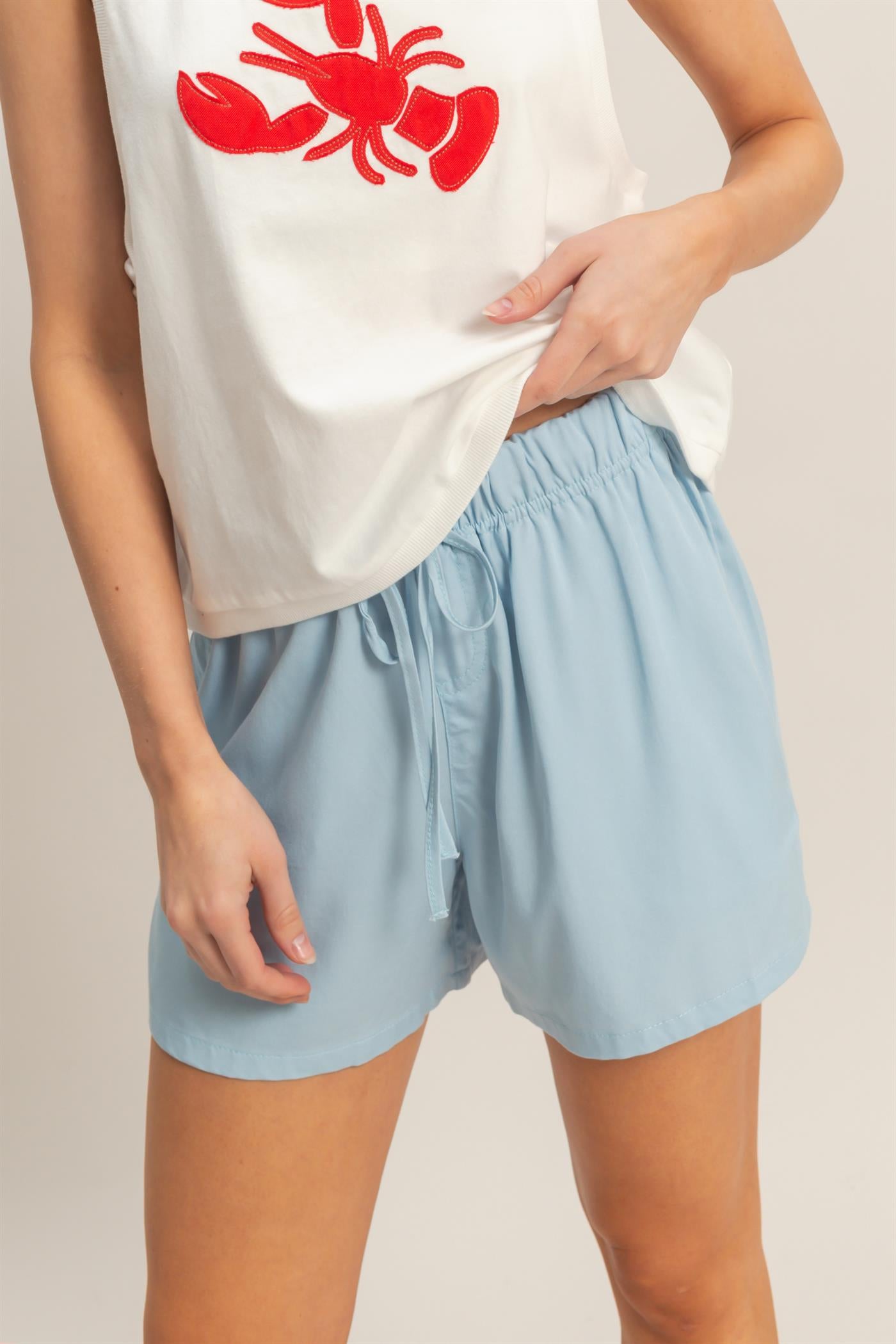 Wholesale Elastic Waist Drawstring Shorts Shorts HF26E428-D L.BLUE HYFVE